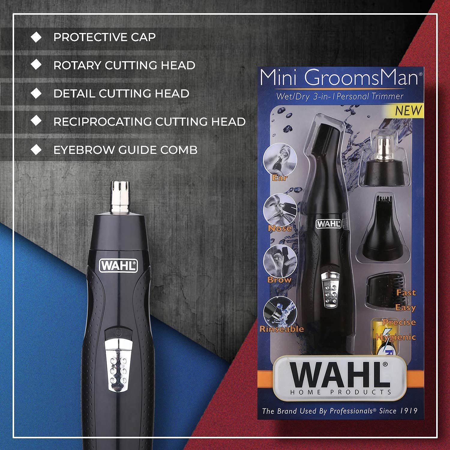Wahl Cordless Mini Groomsman 3 in 1 Trimmer Kit - Stainless Steel Blades, Nose/Ear/Eyebrow Trimmer, Black - in use