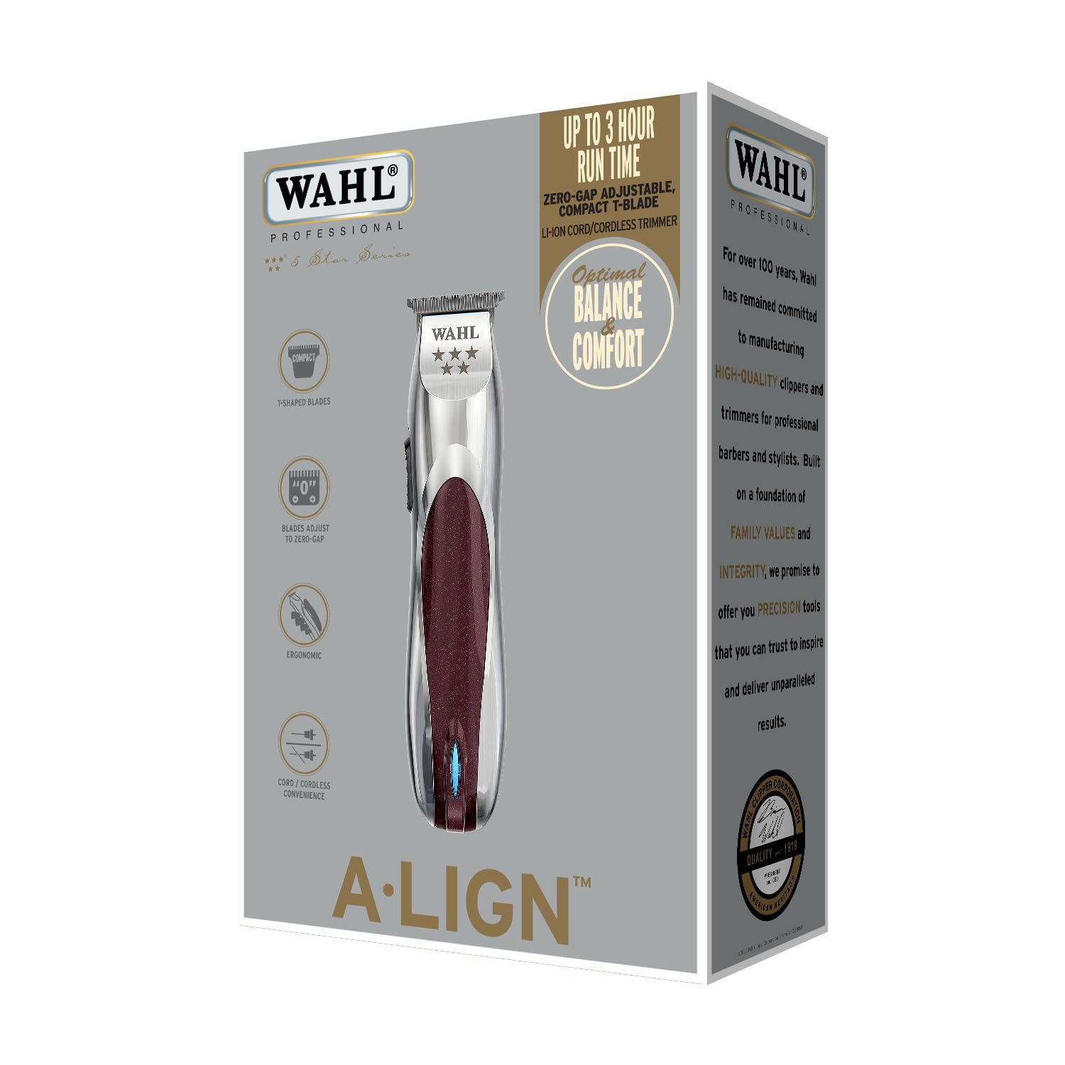 Wahl Professional A.LIGN Li-Ion Beard Trimmer, Cord/Cordless, Extra-Wide Zero-Gap T-Blade, 0.4mm, 3Hr Runtime, Maroon and Sil