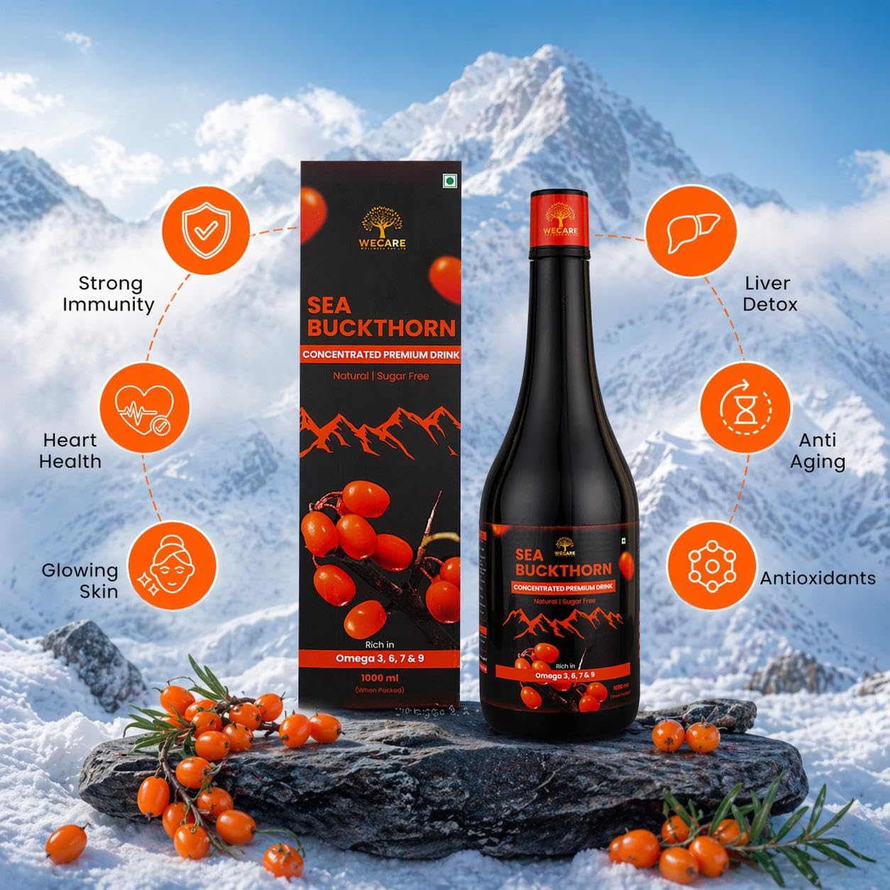 WeCare Wellness Sea Buckthorn Concentrated Drink, 1000ml, Sugar-Free Fruit Juice Concentrate - back view