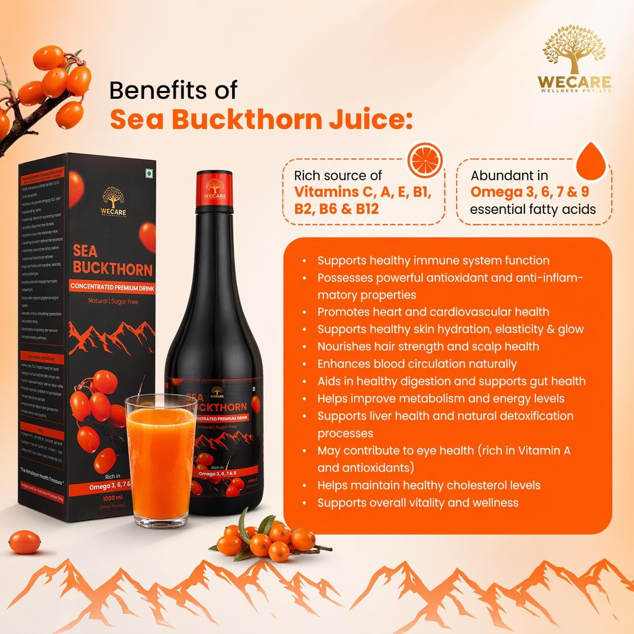 WeCare Wellness Sea Buckthorn Concentrated Drink, 1000ml, Sugar-Free Fruit Juice Concentrate - packaging