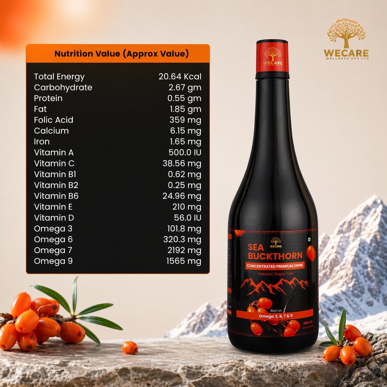 WeCare Wellness Sea Buckthorn Concentrated Drink, 1000ml, Sugar-Free Fruit Juice Concentrate - label detail