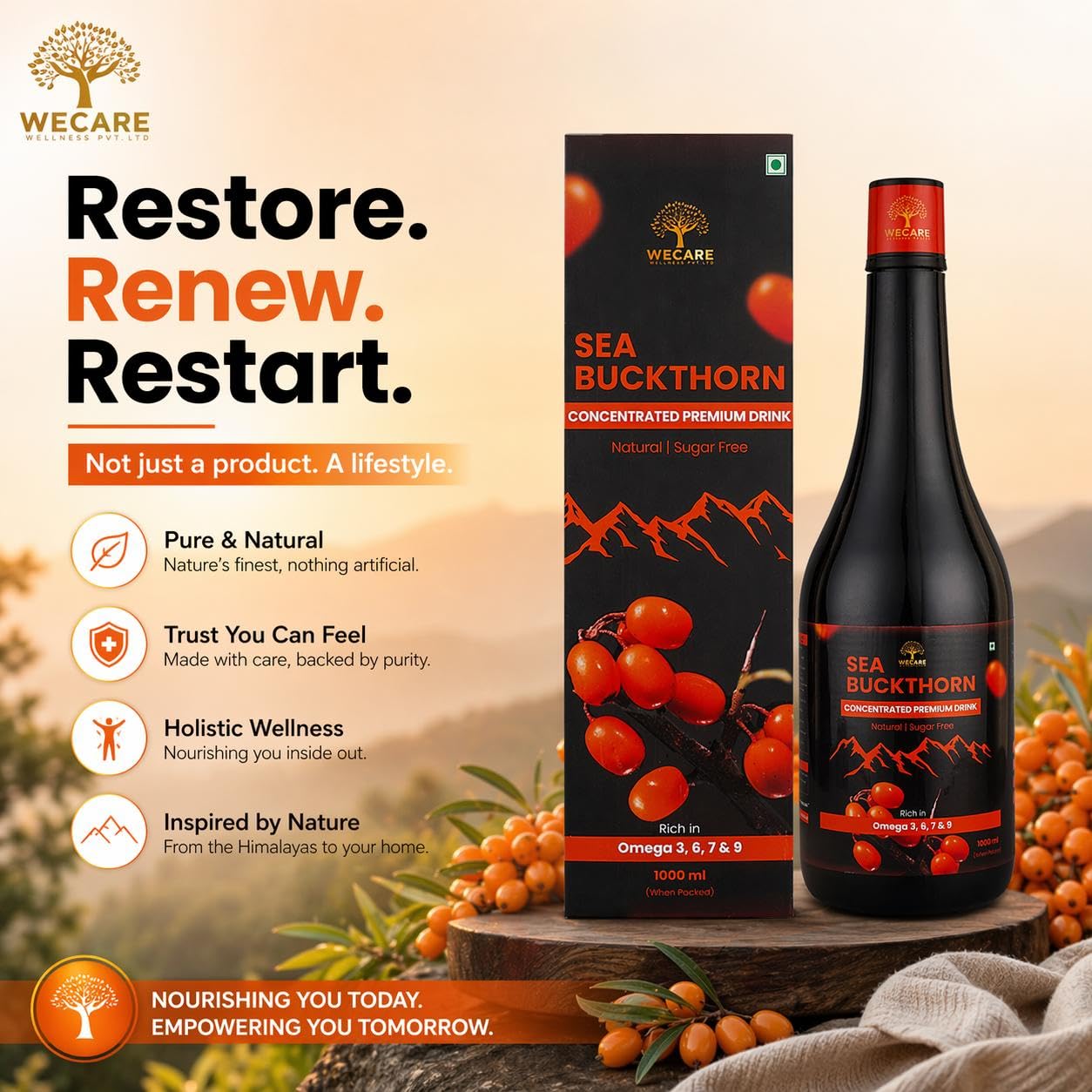 WeCare Wellness Sea Buckthorn Concentrated Drink, 1000ml, Sugar-Free Fruit Juice Concentrate - close-up detail