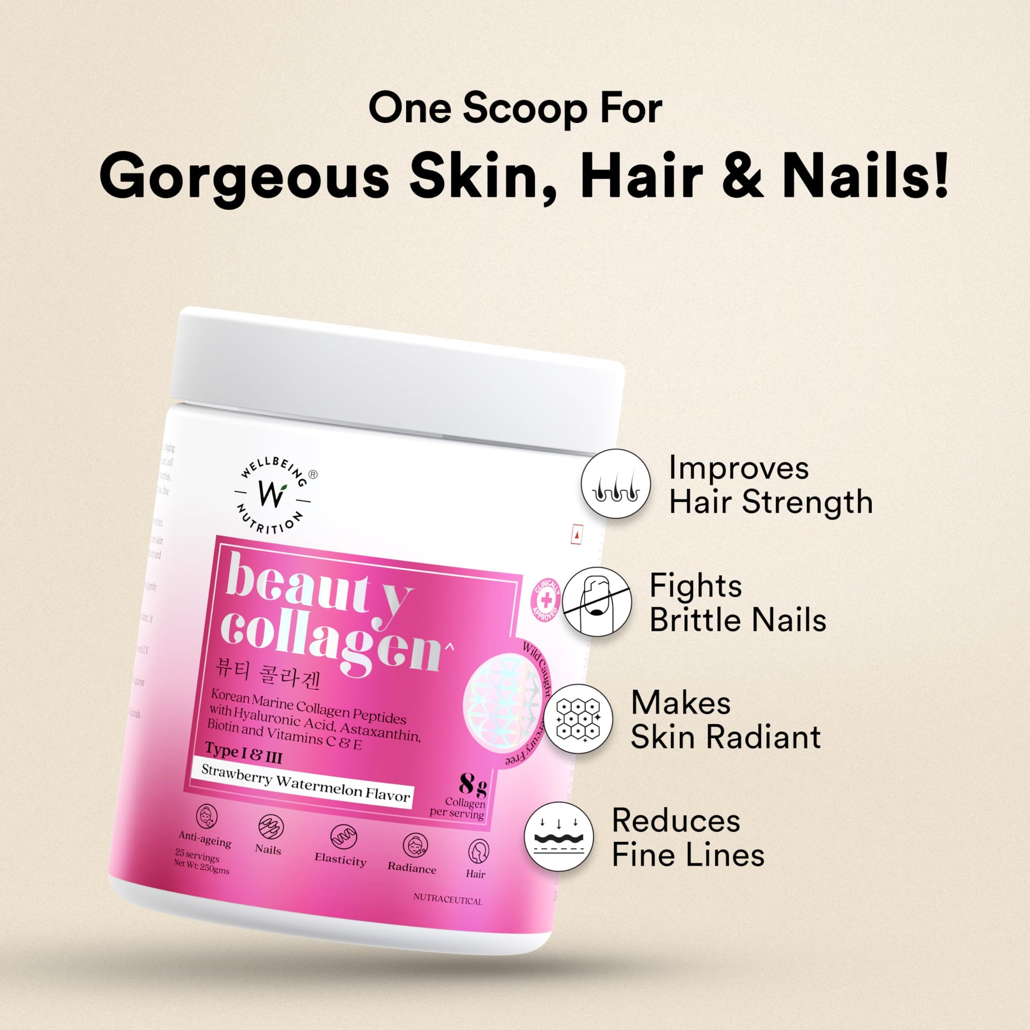 WELLBEING NUTRITION Beauty Collagen Powder, Strawberry Watermelon, 500g (2 x 250g), Marine Collagen with Hyaluronic Acid, Bio
