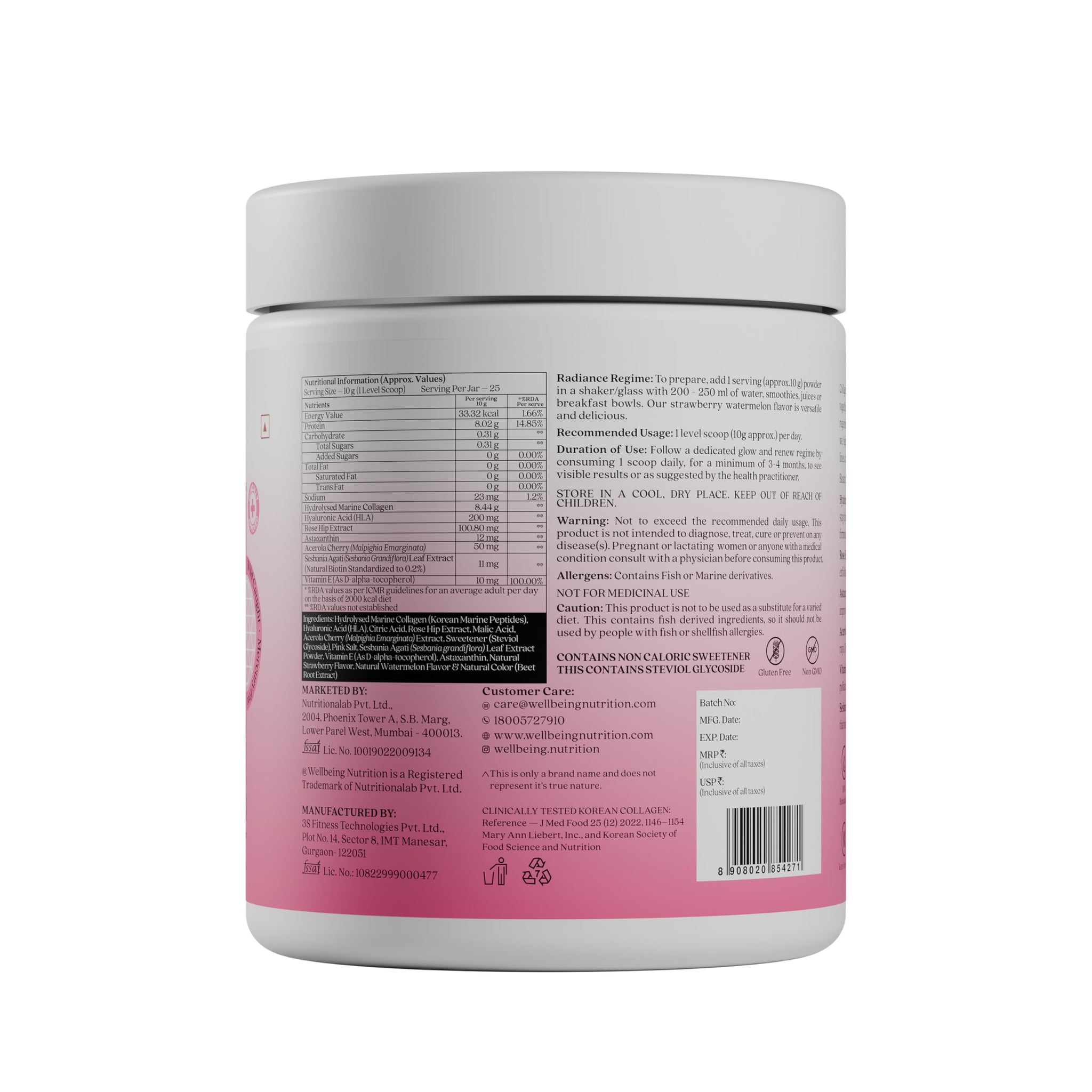 WELLBEING NUTRITION Beauty Collagen Powder, Strawberry Watermelon, 500g (2 x 250g), Marine Collagen with Hyaluronic Acid, Bio