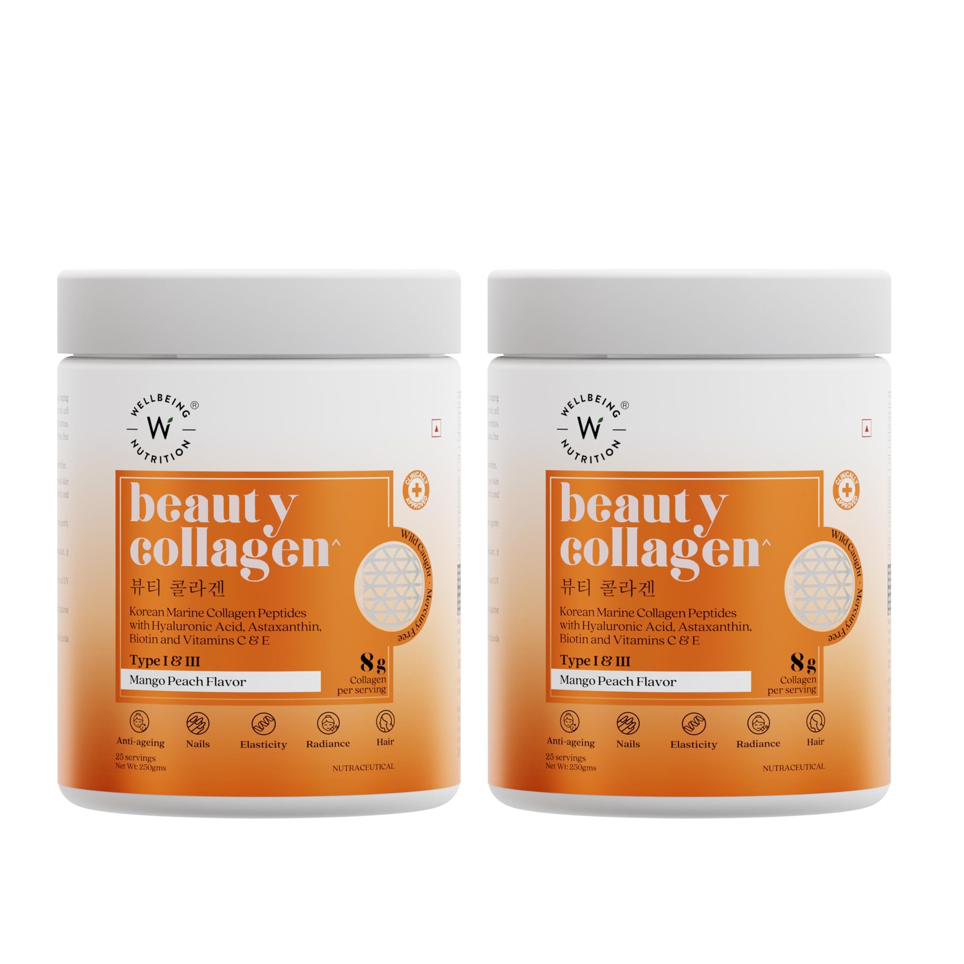 WELLBEING NUTRITION Beauty Collagen Powder with Hyaluronic Acid, Type 1 & 3 Marine Collagen, Mango Peach Flavor, 250g Each, P