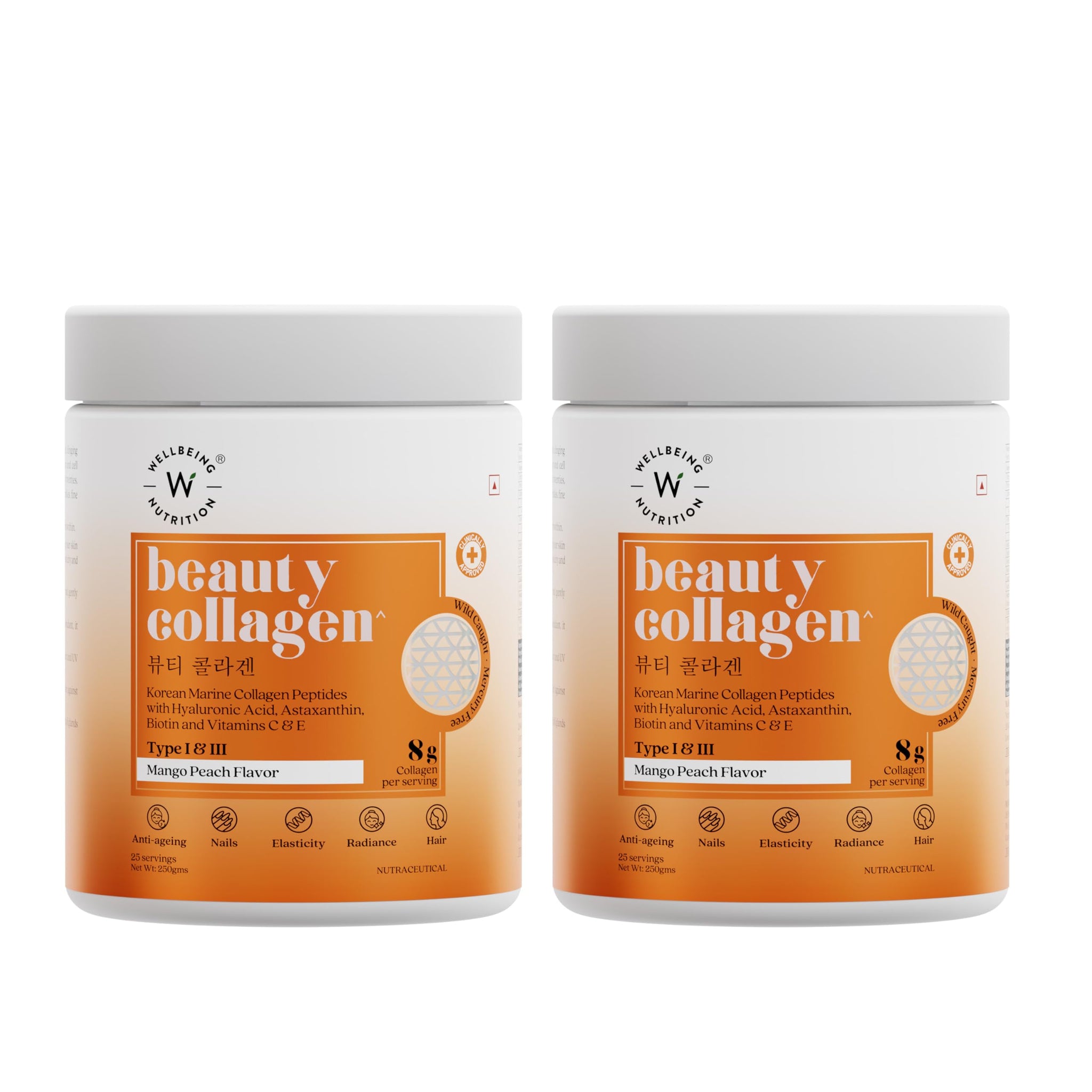 WELLBEING NUTRITION Beauty Collagen Powder with Hyaluronic Acid, Type 1 & 3 Marine Collagen, Mango Peach Flavor, 250g Each, P