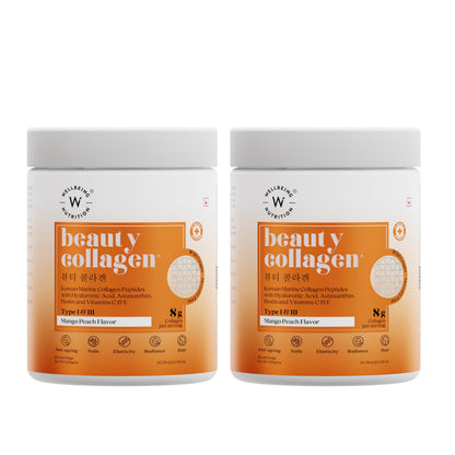 WELLBEING NUTRITION Beauty Collagen Powder with Hyaluronic Acid, Type 1 & 3 Marine Collagen, Mango Peach Flavor, 250g Each, P