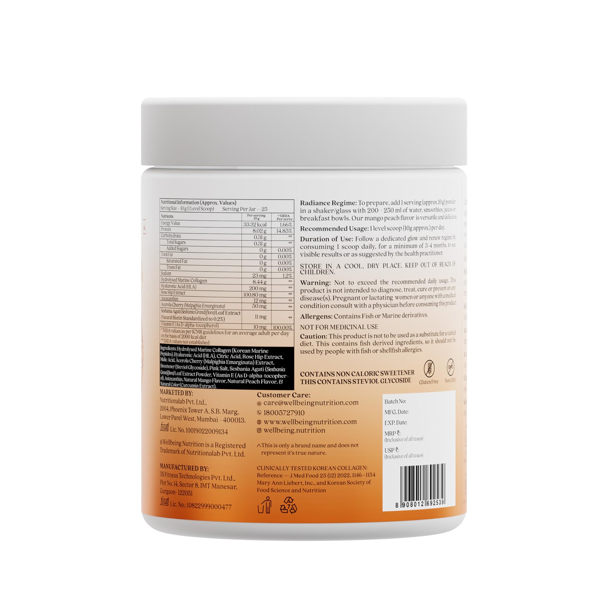 WELLBEING NUTRITION Beauty Collagen Powder with Hyaluronic Acid, Type 1 & 3 Marine Collagen, Mango Peach Flavor, 250g Each, P