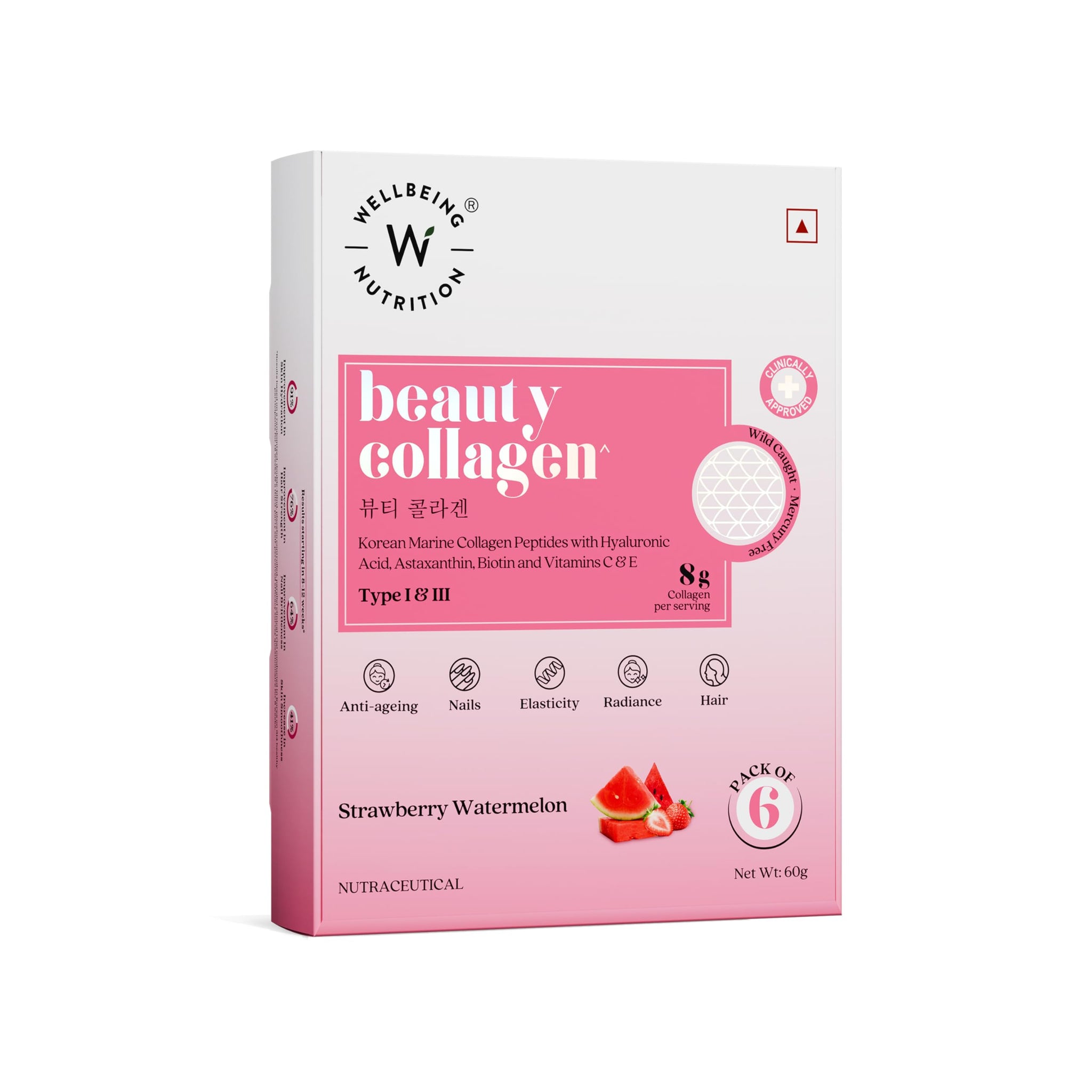 WELLBEING NUTRITION Beauty Korean Marine Collagen Powder, Type 1 & 3 Peptides, Strawberry Watermelon, 6 Sachets, 48g