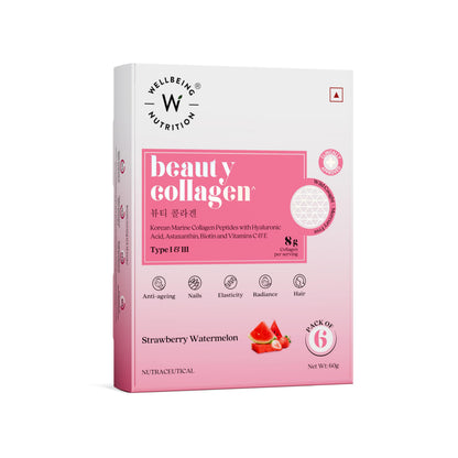 WELLBEING NUTRITION Beauty Korean Marine Collagen Powder, Type 1 & 3 Peptides, Strawberry Watermelon, 6 Sachets, 48g