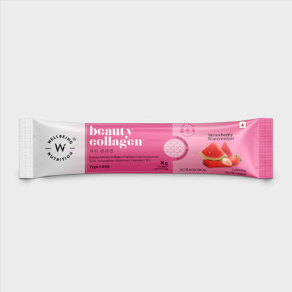 WELLBEING NUTRITION Beauty Korean Marine Collagen Powder, Type 1 & 3 Peptides, Strawberry Watermelon, 6 Sachets, 48g - front