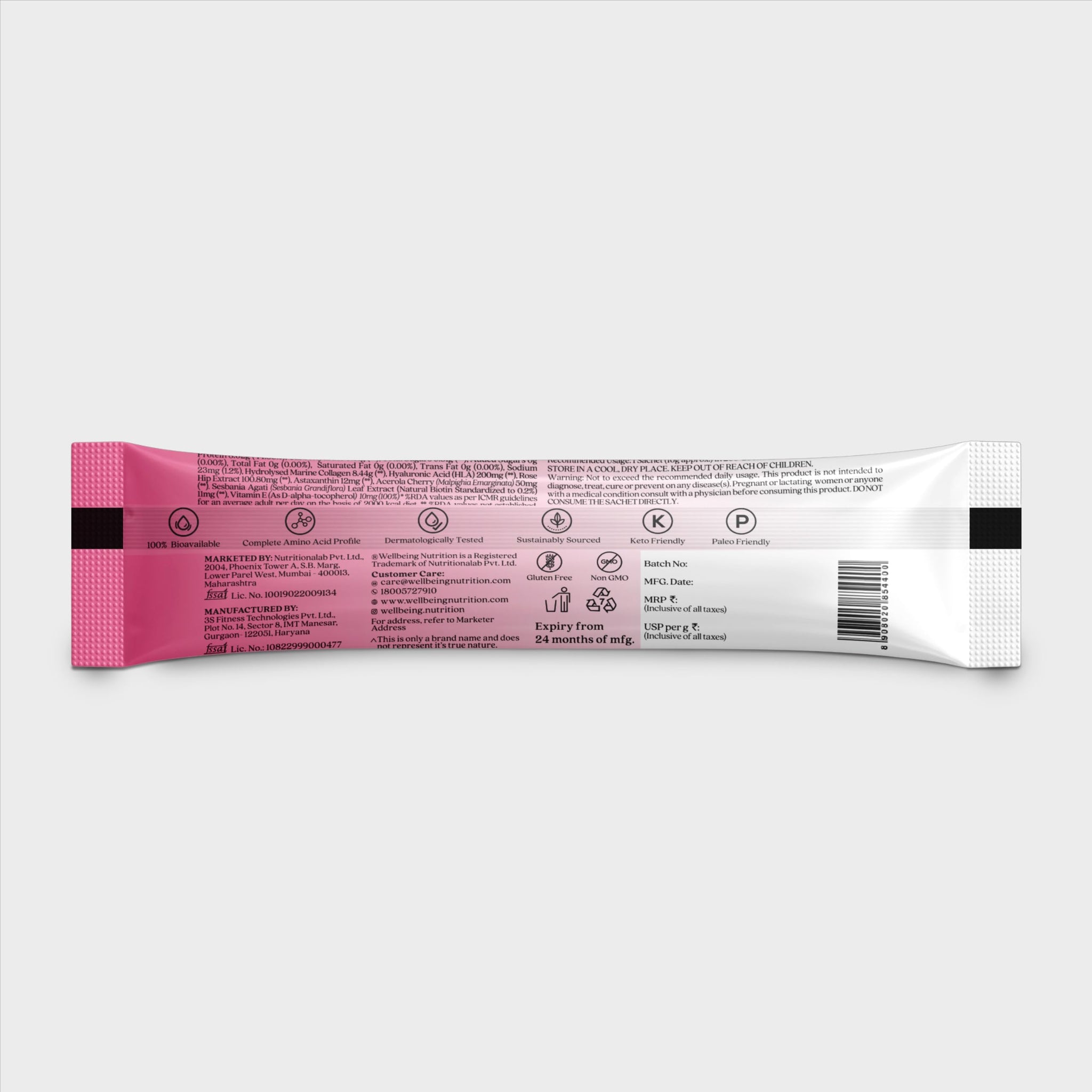 WELLBEING NUTRITION Beauty Korean Marine Collagen Powder, Type 1 & 3 Peptides, Strawberry Watermelon, 6 Sachets, 48g - back v