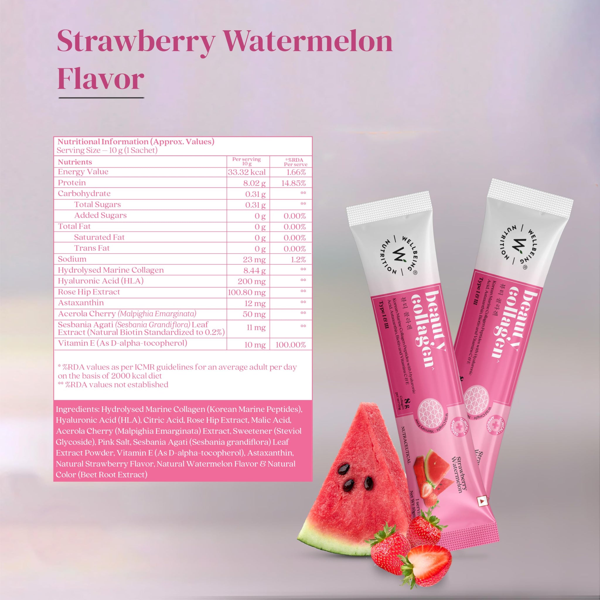 WELLBEING NUTRITION Beauty Korean Marine Collagen Powder, Type 1 & 3 Peptides, Strawberry Watermelon, 6 Sachets, 48g - in use