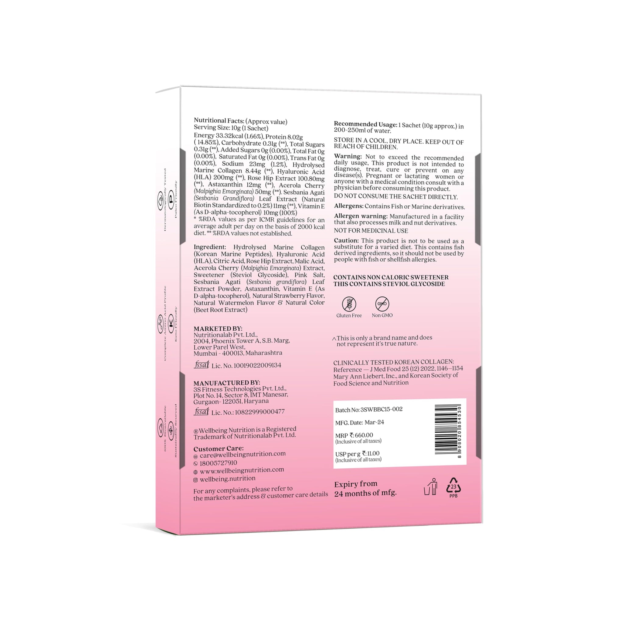 WELLBEING NUTRITION Beauty Korean Marine Collagen Powder, Type 1 & 3 Peptides, Strawberry Watermelon, 6 Sachets, 48g - size a