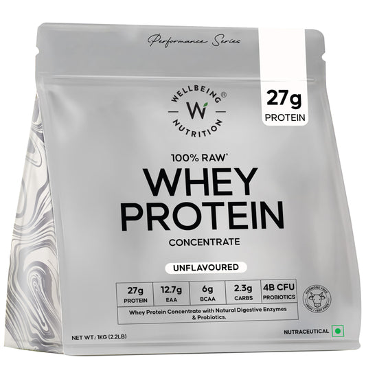 Wellbeing Nutrition Clean Whey Protein Concentrate, 1kg Unflavoured, with Probiotics & Digestive Enzymes, Clean Label Certifi
