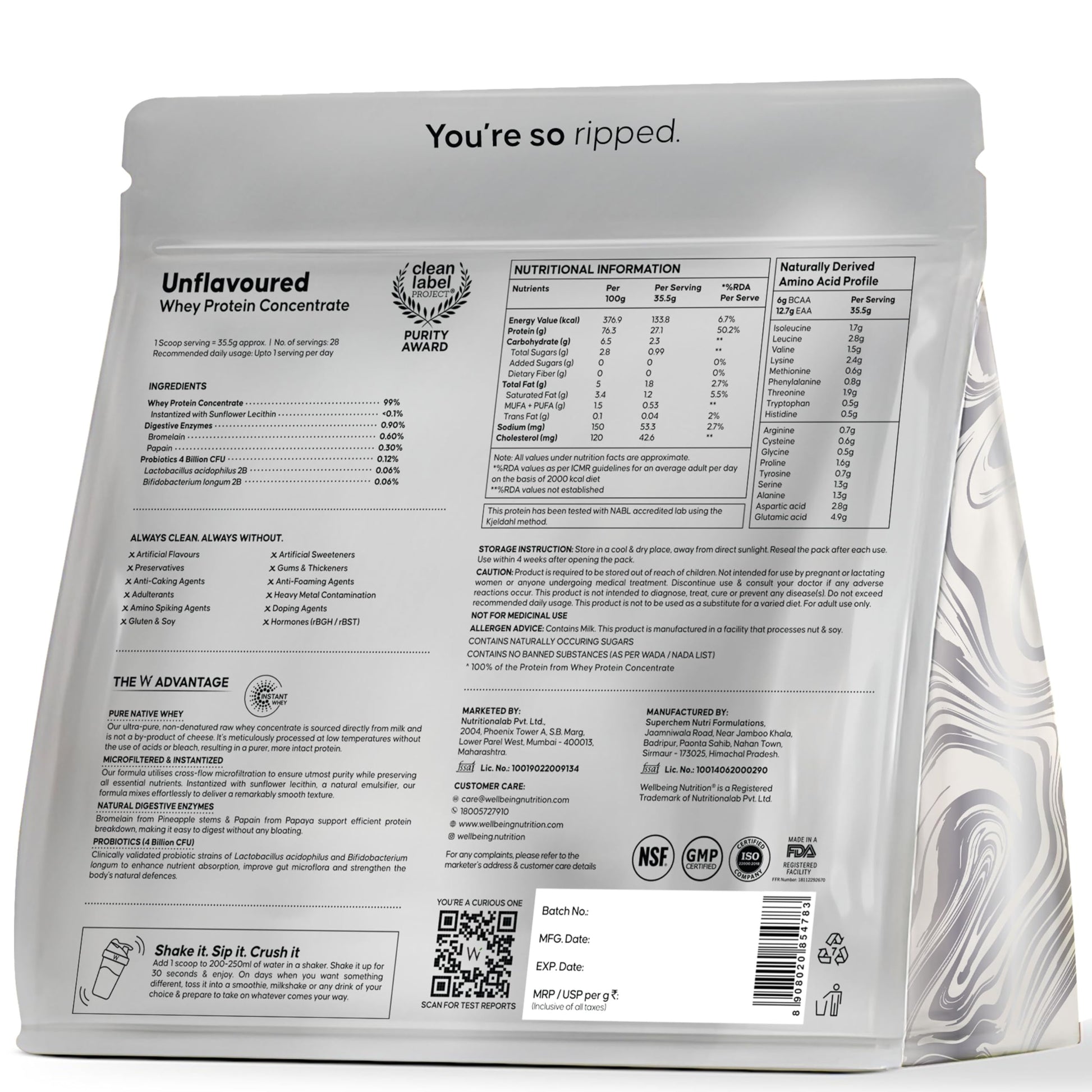 Wellbeing Nutrition Clean Whey Protein Concentrate, 1kg Unflavoured, with Probiotics & Digestive Enzymes, Clean Label Certifi