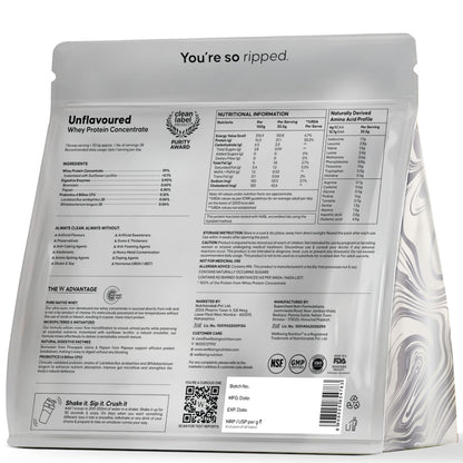 Wellbeing Nutrition Clean Whey Protein Concentrate, 1kg Unflavoured, with Probiotics & Digestive Enzymes, Clean Label Certifi