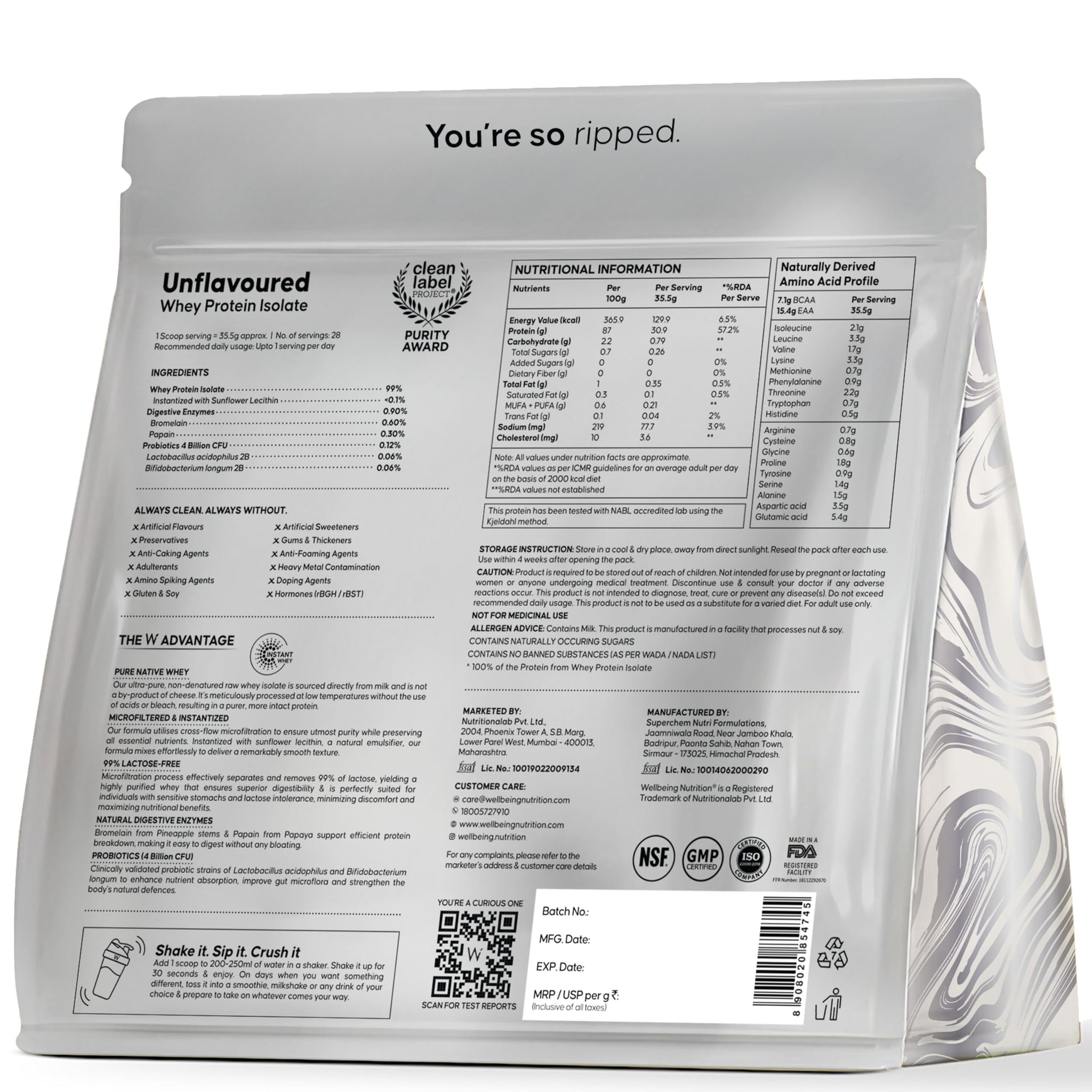 WELLBEING NUTRITION Clean Whey Protein Isolate 1kg Unflavoured with Probiotics & Enzymes - close-up detail