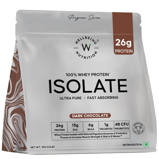 Wellbeing Nutrition Clean Whey Protein Isolate Dark Chocolate, 1kg, 26g Protein with Probiotics and Digestive Enzymes