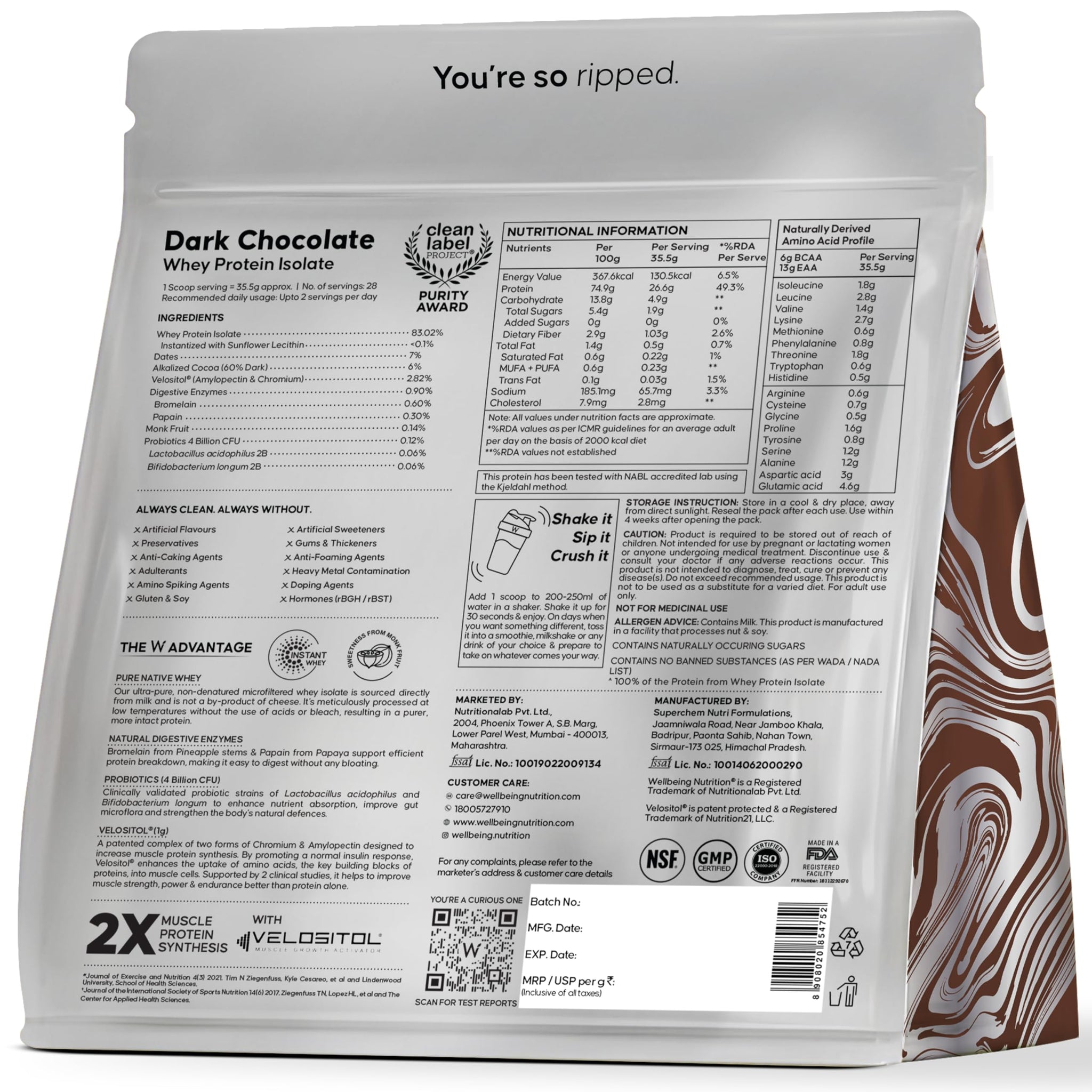 Wellbeing Nutrition Clean Whey Protein Isolate Dark Chocolate, 1kg, 26g Protein with Probiotics and Digestive Enzymes - in us