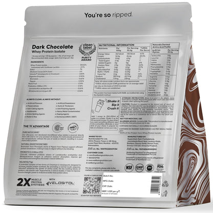 Wellbeing Nutrition Clean Whey Protein Isolate Dark Chocolate, 1kg, 26g Protein with Probiotics and Digestive Enzymes - in us
