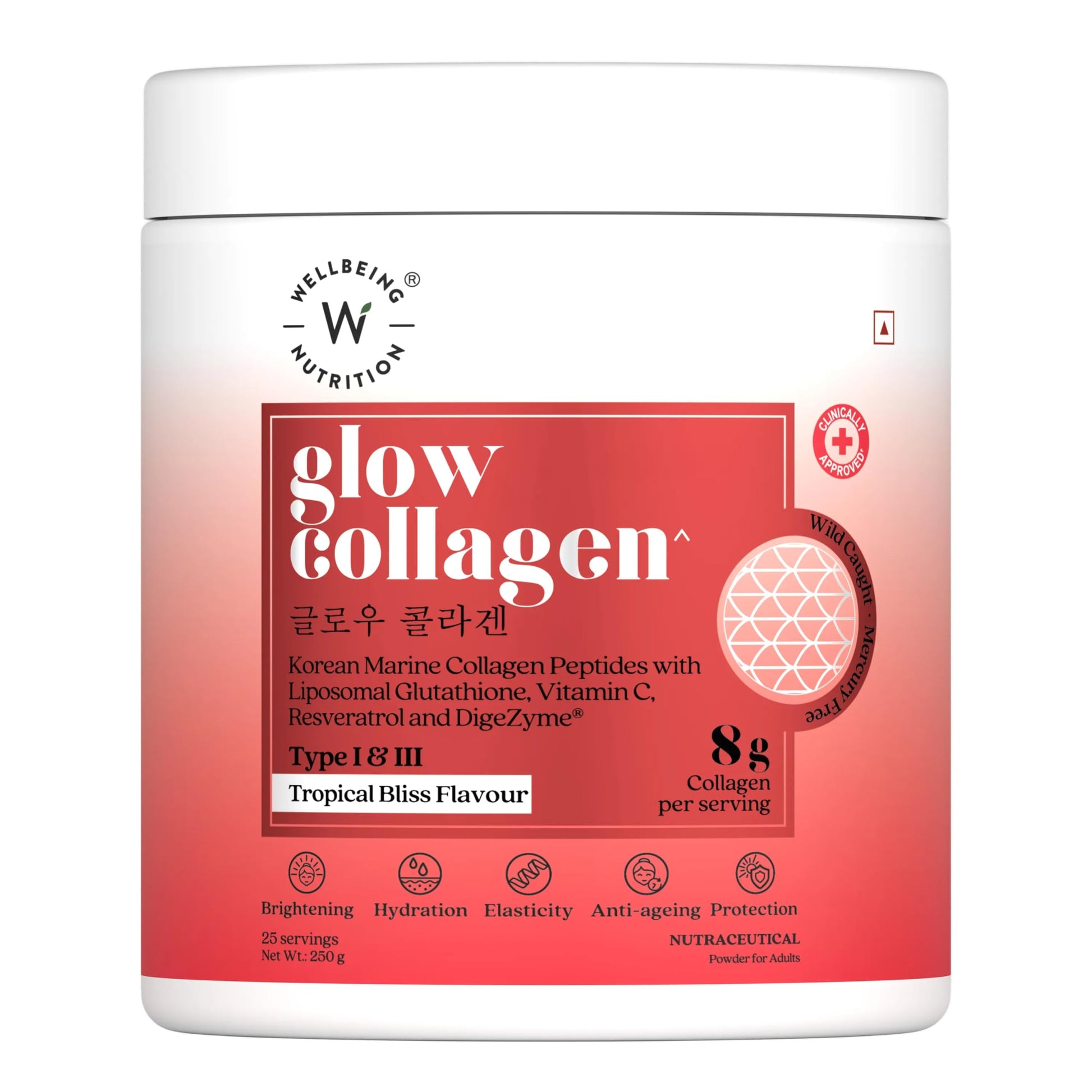 WELLBEING NUTRITION Glow Collagen with Glutathione Marine Collagen Powder, Tropical Bliss Flavor, 250g, 25 Servings