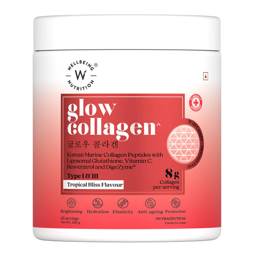 WELLBEING NUTRITION Glow Collagen with Glutathione Marine Collagen Powder, Tropical Bliss Flavor, 250g, 25 Servings