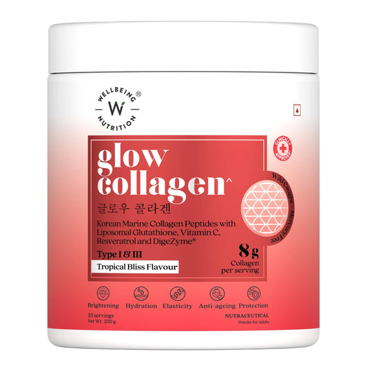WELLBEING NUTRITION Glow Collagen with Glutathione Marine Collagen Powder, Tropical Bliss Flavor, 250g, 25 Servings