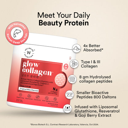 WELLBEING NUTRITION Glow Collagen with Glutathione Marine Collagen Powder, Tropical Bliss Flavor, 250g, 25 Servings - front v