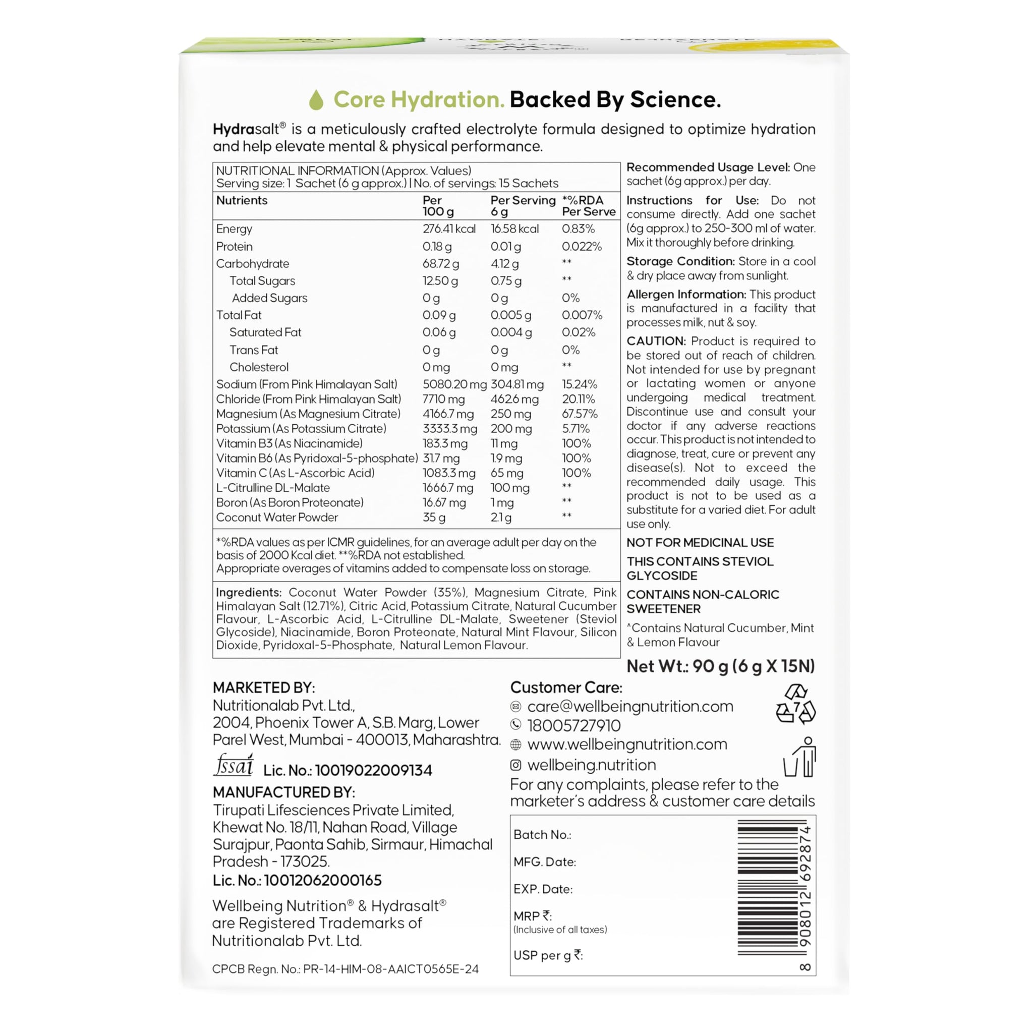 Wellbeing Nutrition HydraSalt Electrolyte Drink with Zero Added Sugar | 5 Electrolytes & 3 Vitamins for Instant Hydration, En
