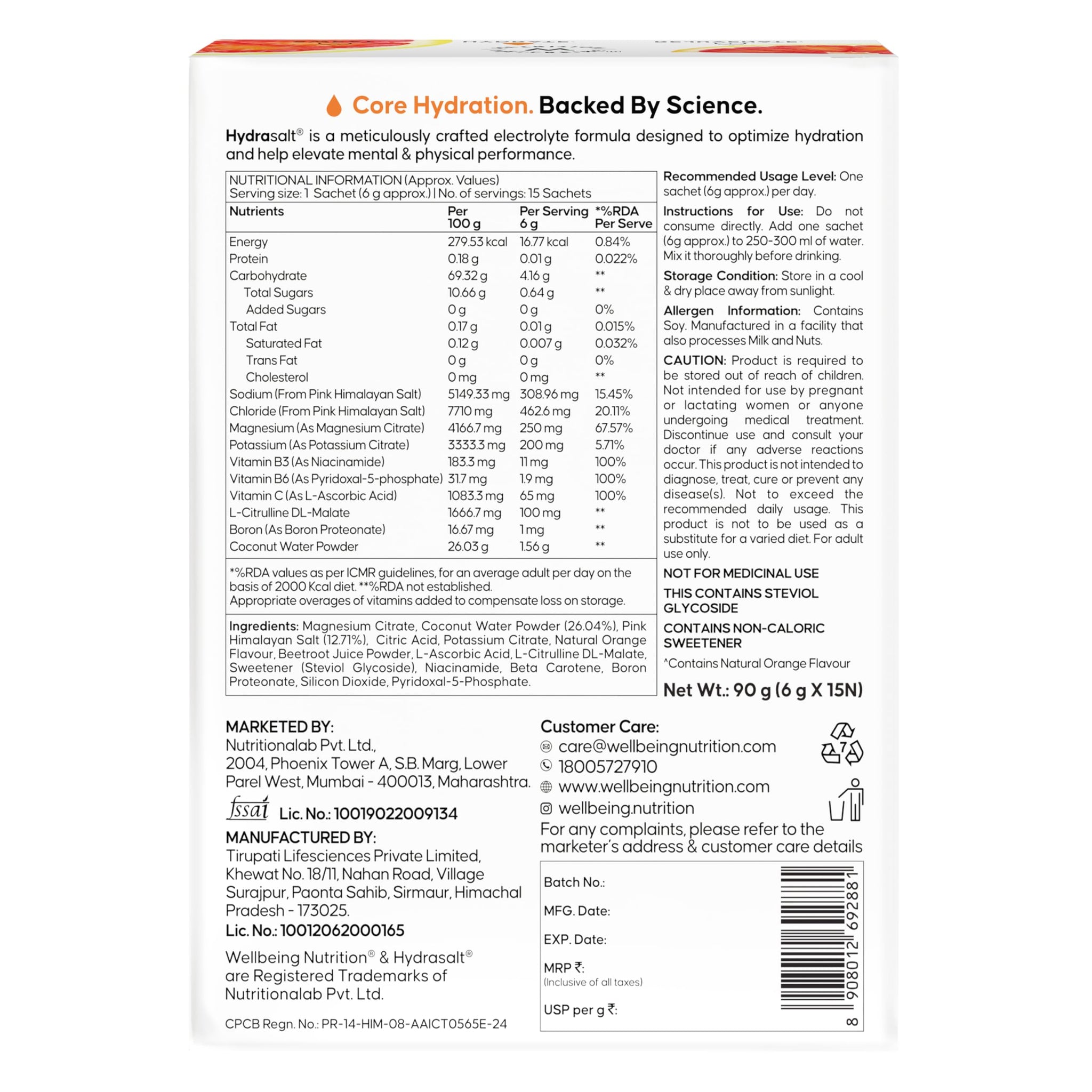 Wellbeing Nutrition HydraSalt Electrolyte Drink with Zero Added Sugar | 5 Electrolytes & 3 Vitamins for Instant Hydration, En