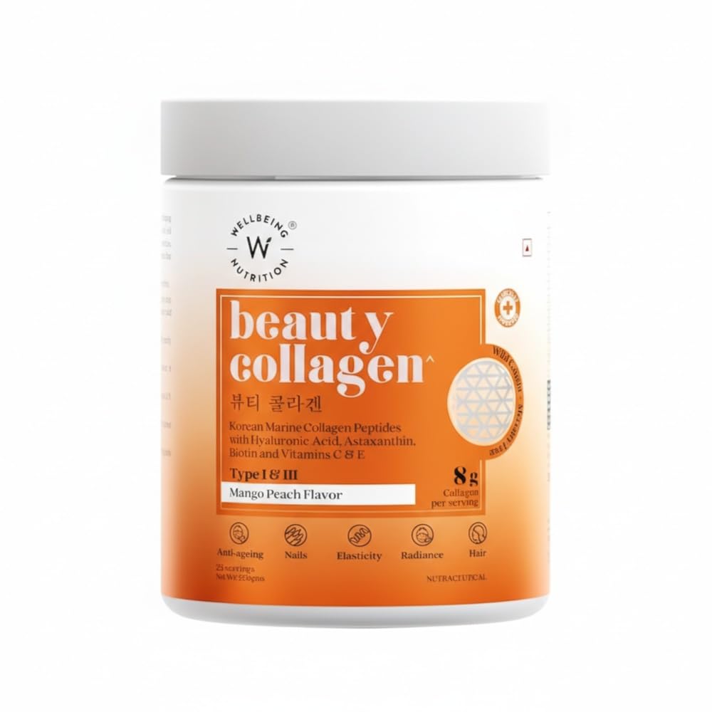 WELLBEING NUTRITION Korean Beauty Marine Collagen Skin Radiance Peptides Powder, 250g, Mango Peach