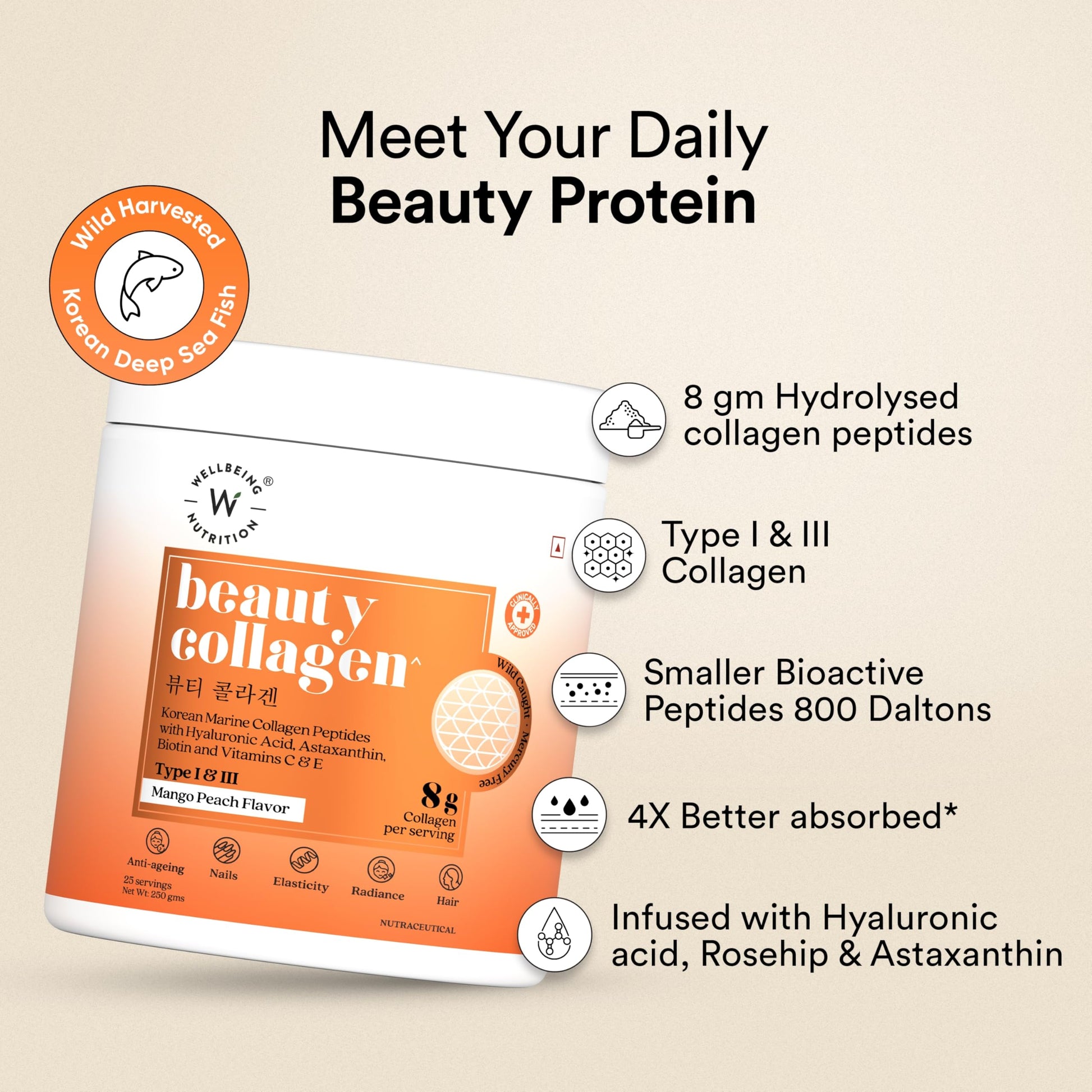 WELLBEING NUTRITION Korean Beauty Marine Collagen Skin Radiance Peptides Powder, 250g, Mango Peach - front view