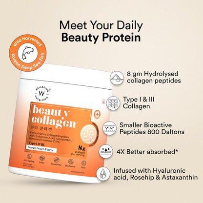 WELLBEING NUTRITION Korean Beauty Marine Collagen Skin Radiance Peptides Powder, 250g, Mango Peach - front view