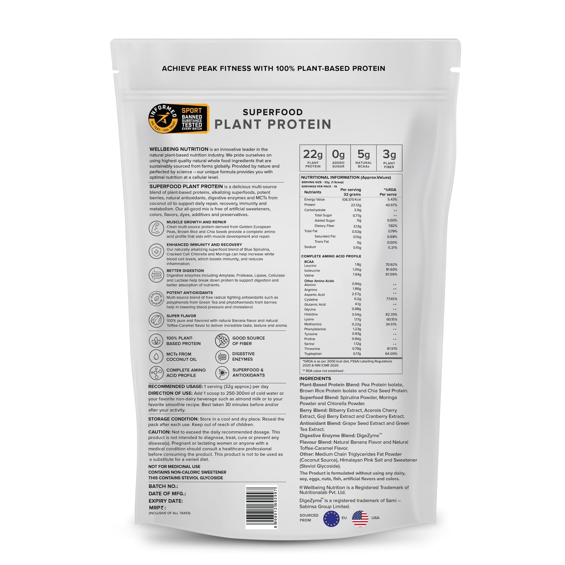 WELLBEING NUTRITION Organic Vegan Plant Protein Powder, Pea Rice Isolate with Superfoods, Digestive Enzymes, Adult Supplement