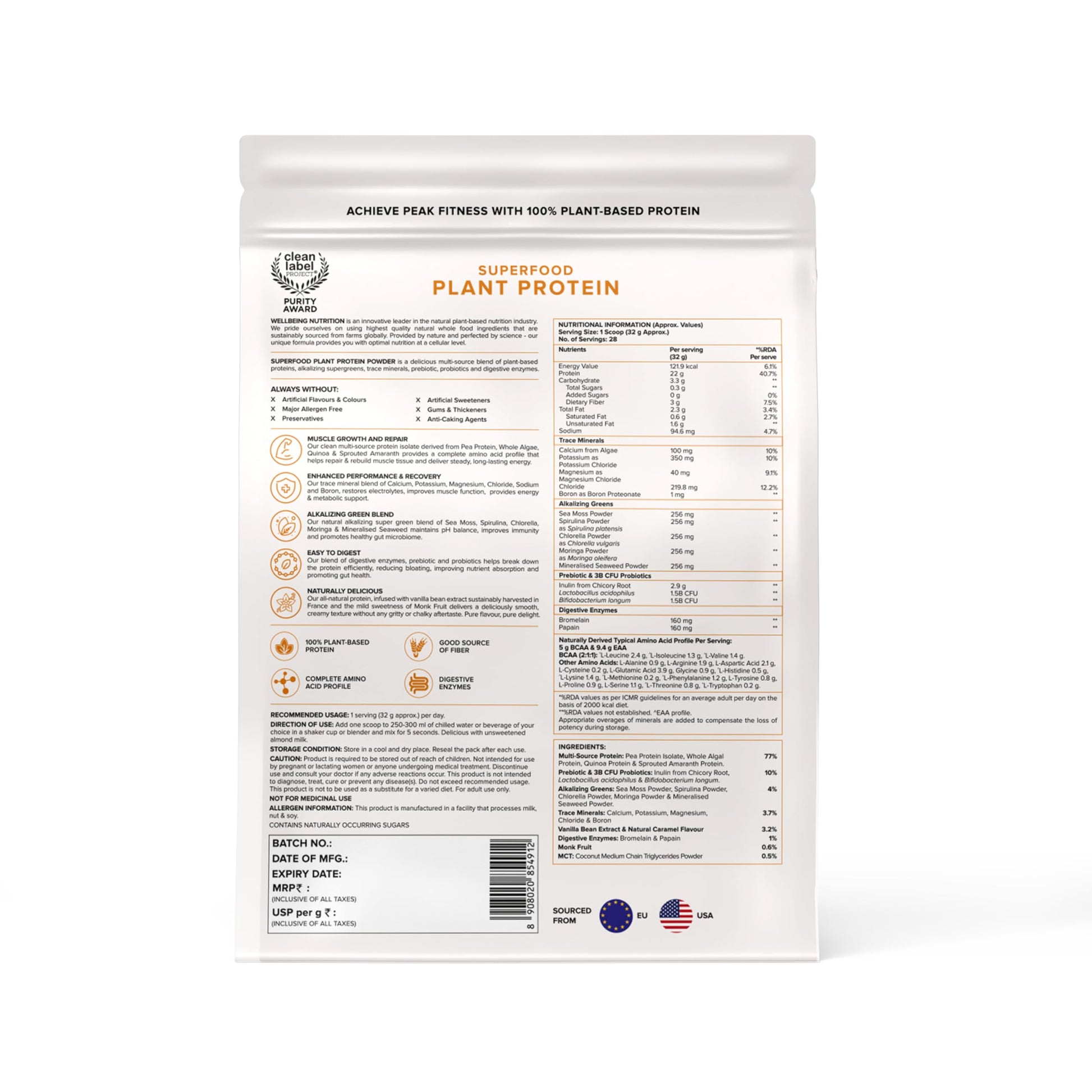 WELLBEING NUTRITION Organic Vegan Plant Protein Powder, Pea Rice Isolate with Superfoods, Digestive Enzymes, Adult Supplement