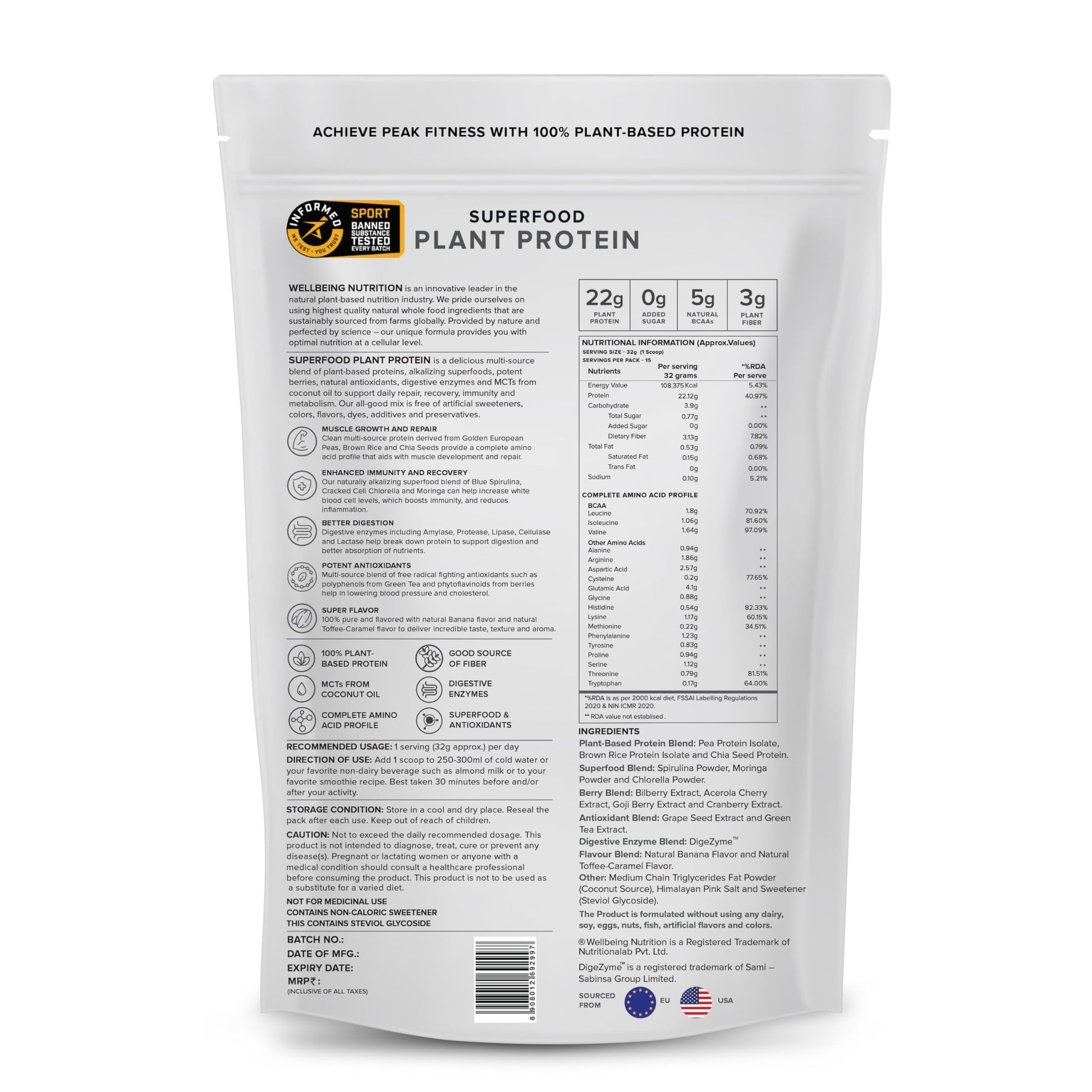 WELLBEING NUTRITION Organic Vegan Plant Protein Powder, Pea Rice Isolate with Superfoods, Digestive Enzymes, Adult Supplement