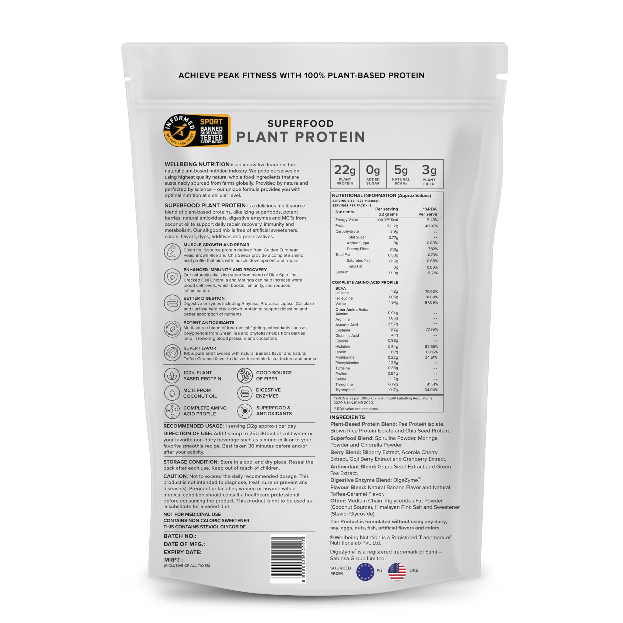 WELLBEING NUTRITION Organic Vegan Plant Protein Powder, Pea Rice Isolate with Superfoods, Digestive Enzymes, Adult Supplement
