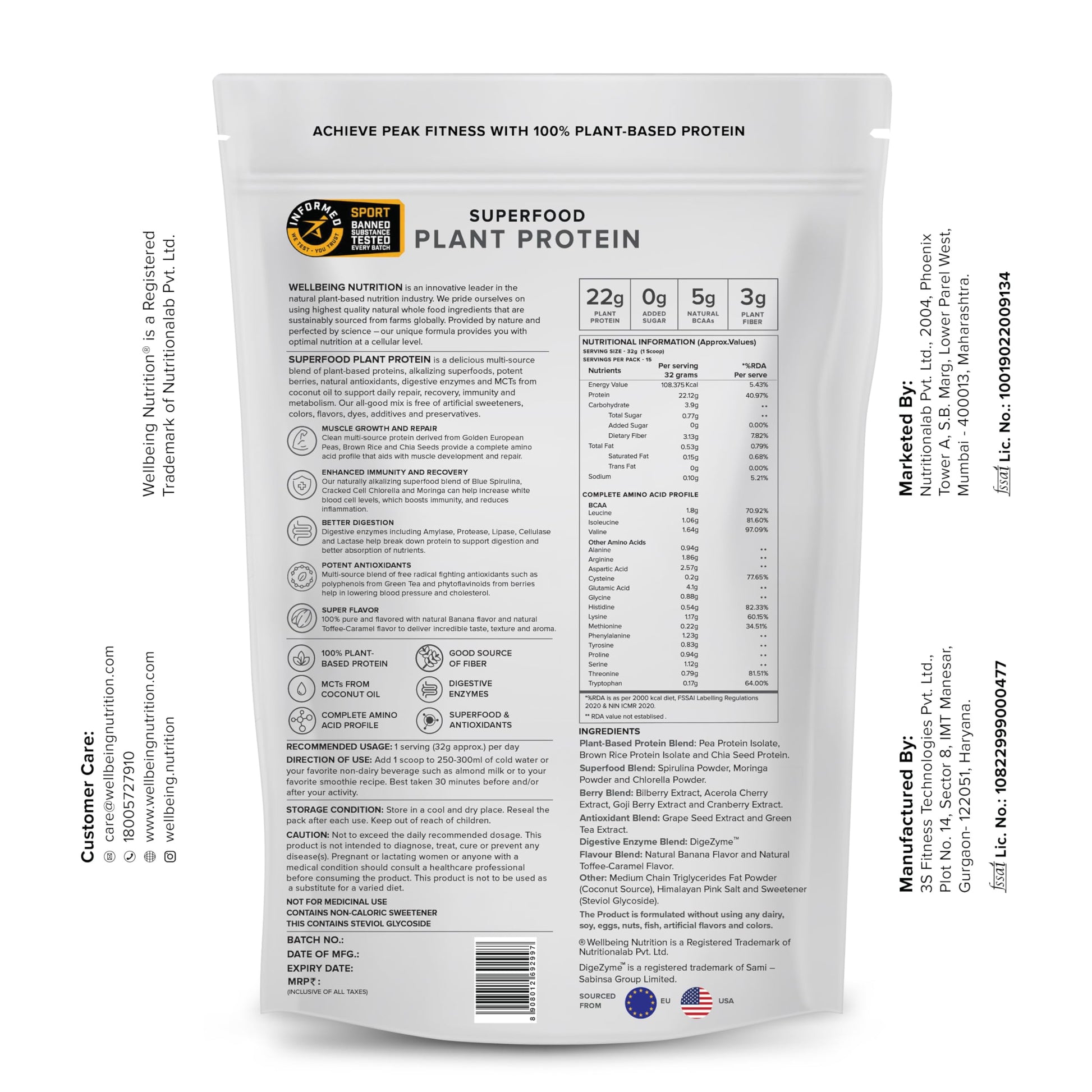 WELLBEING NUTRITION Organic Vegan Plant Protein Powder, Pea Rice Isolate with Superfoods, Digestive Enzymes, Adult Supplement
