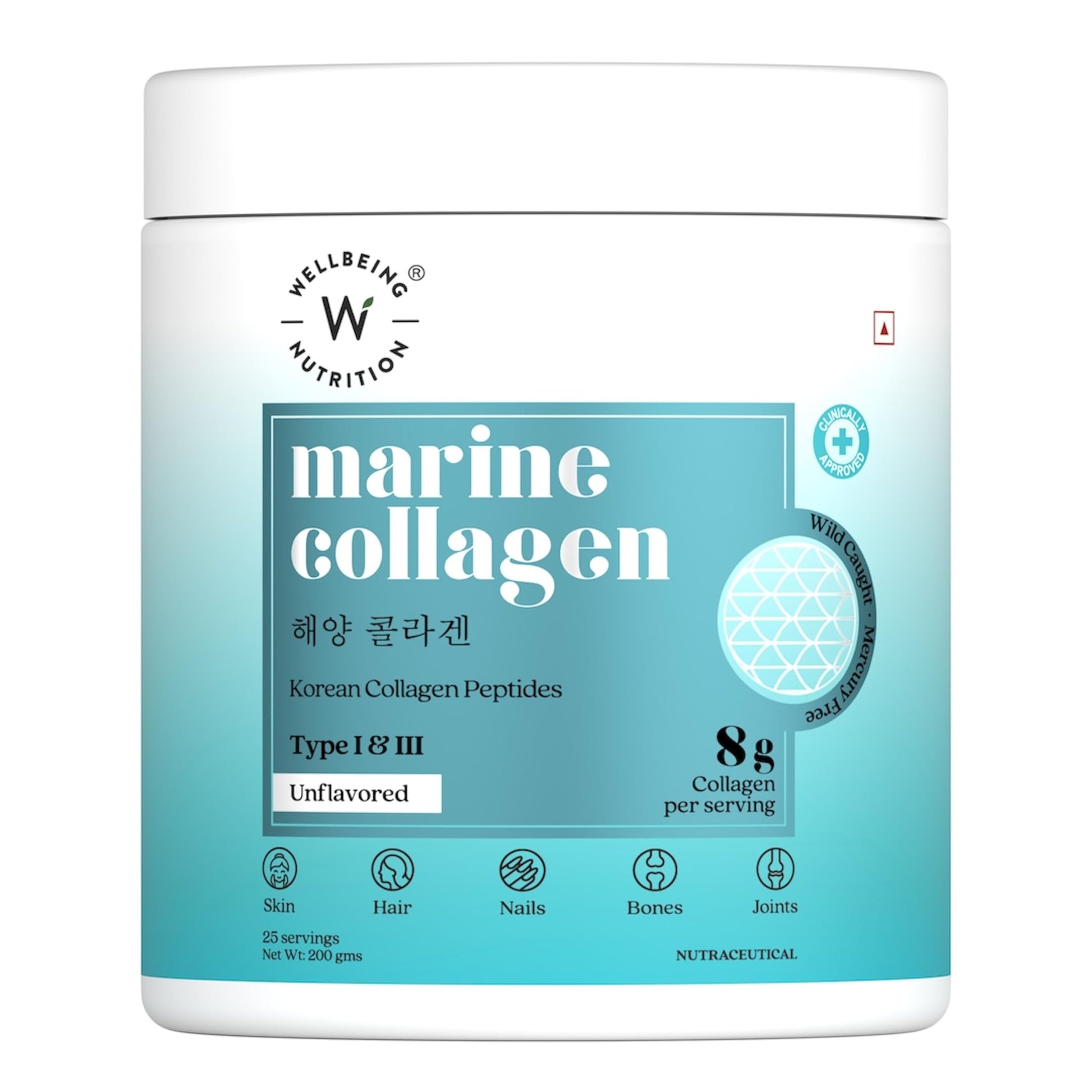 WELLBEING NUTRITION Pure Korean Marine Collagen Powder, 200g, Unflavored, Type 1 & 3 Collagen Peptides, 25 Servings