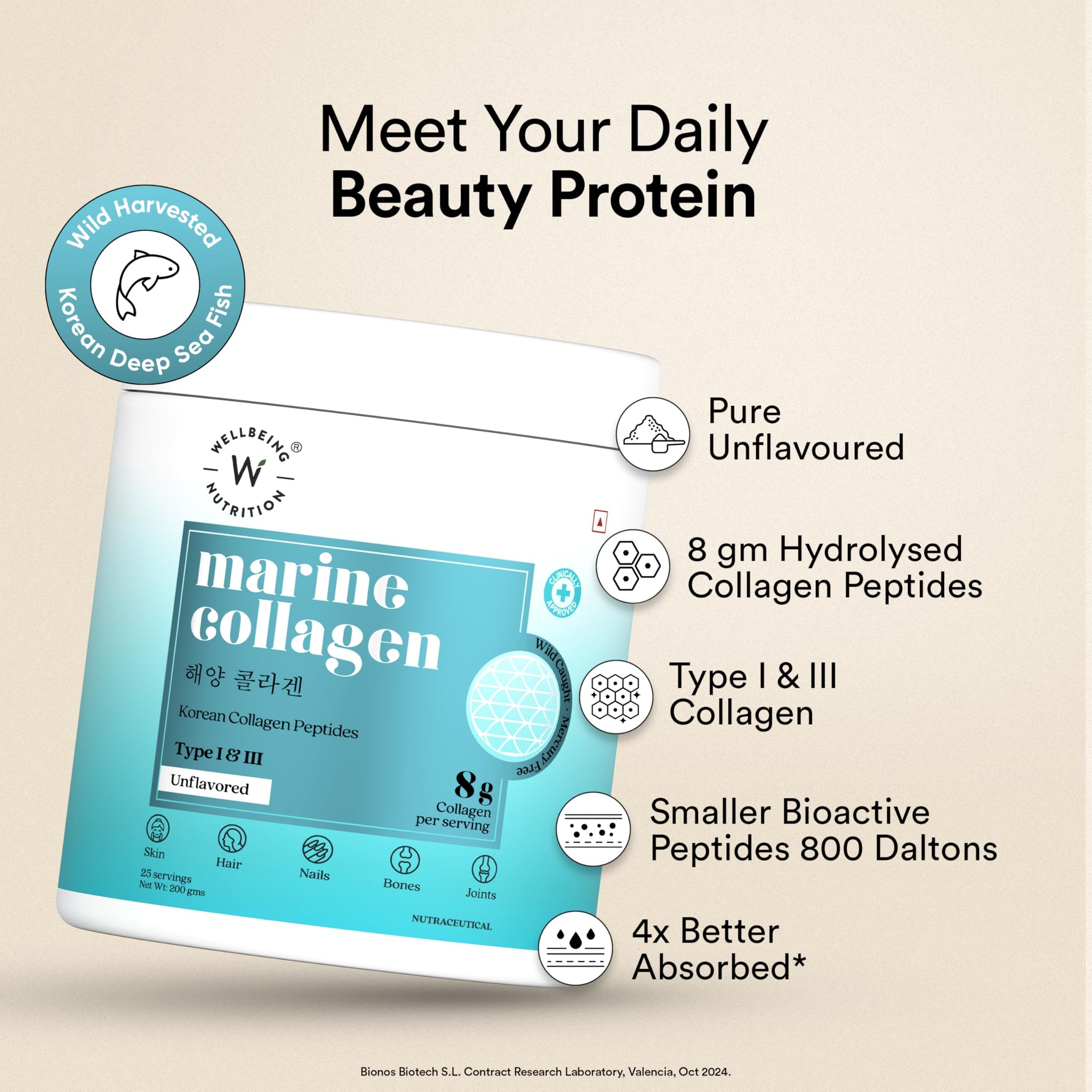WELLBEING NUTRITION Pure Korean Marine Collagen Powder, 200g, Unflavored, Type 1 & 3 Collagen Peptides, 25 Servings - front v