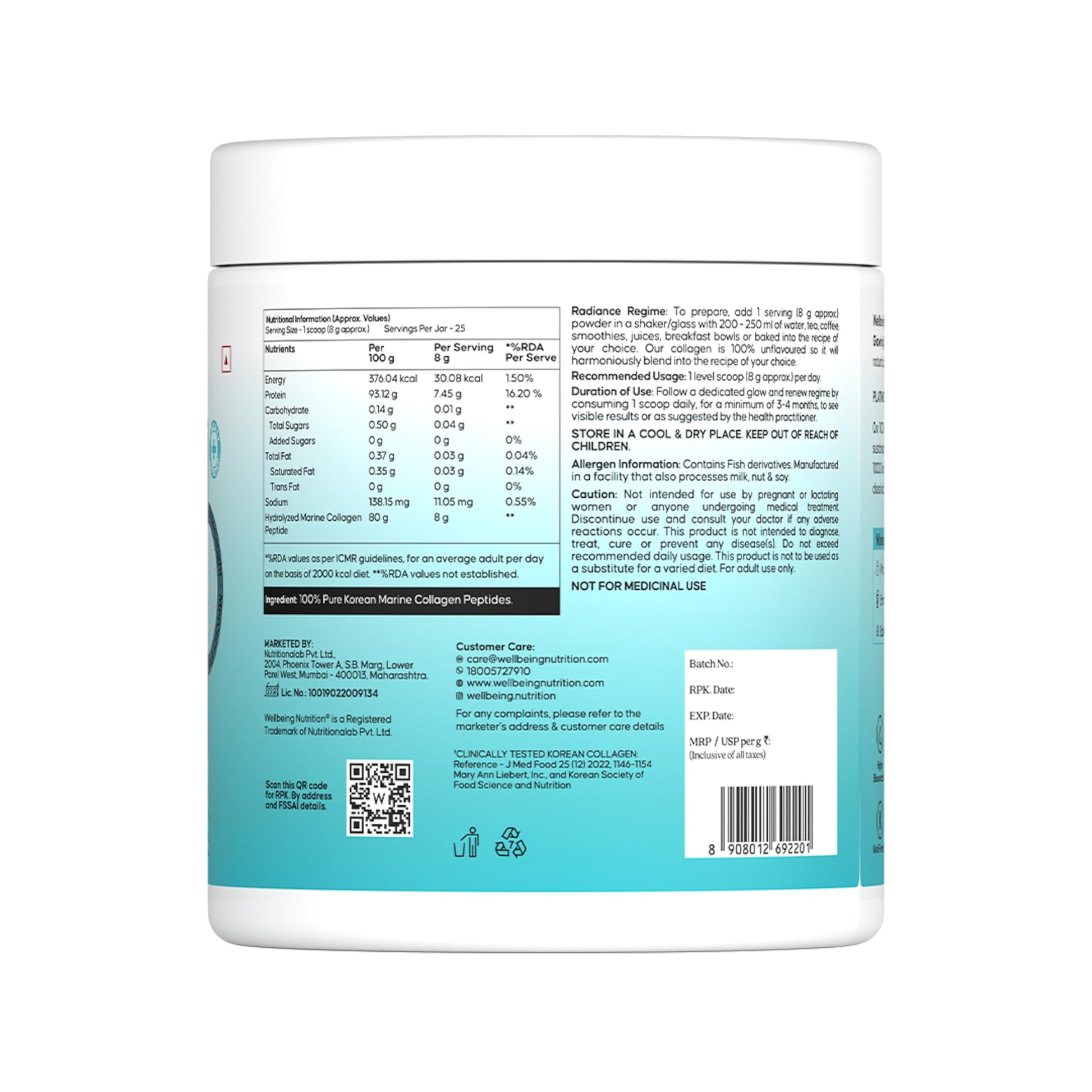 WELLBEING NUTRITION Pure Korean Marine Collagen Powder, 200g, Unflavored, Type 1 & 3 Collagen Peptides, 25 Servings - size an