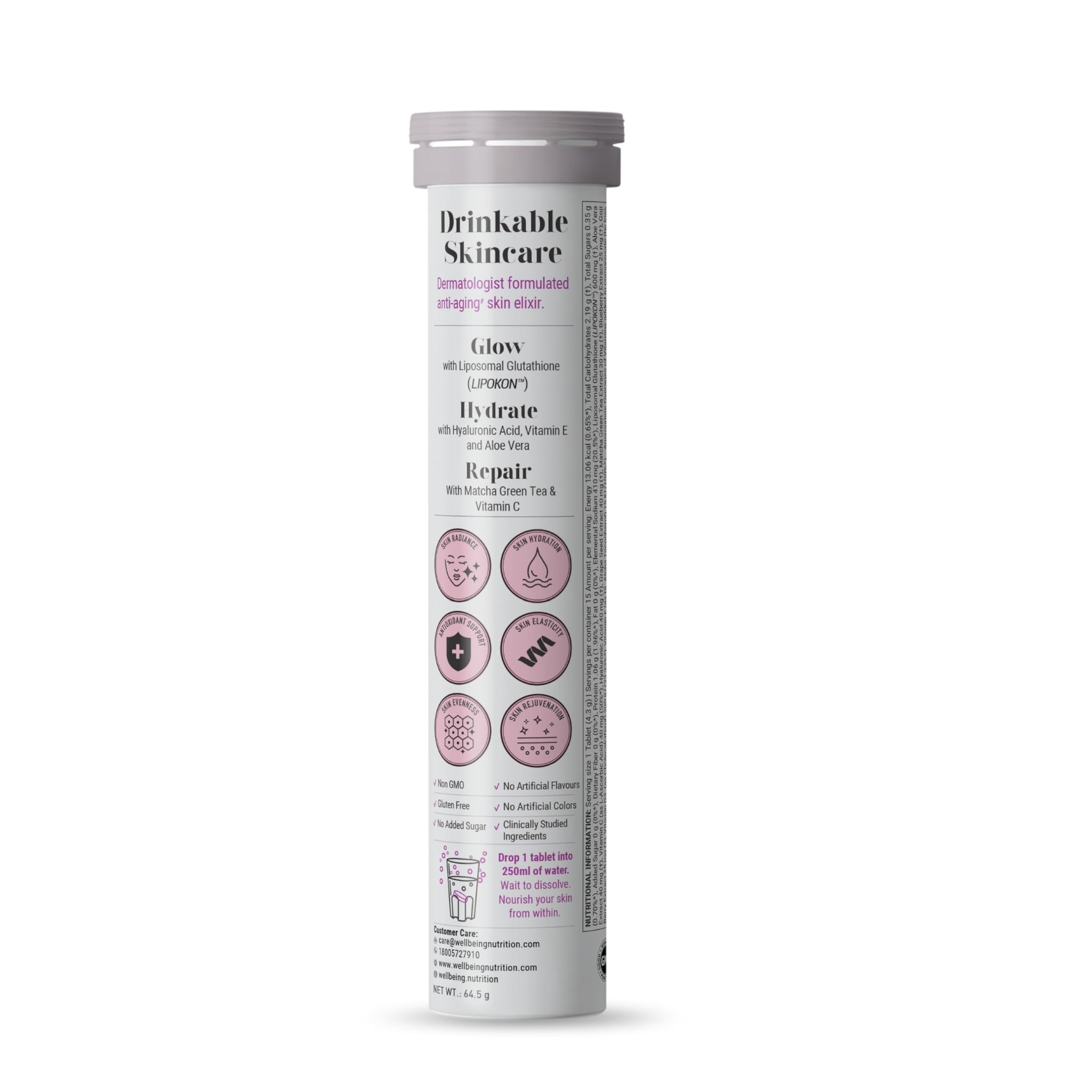 WELLBEING NUTRITION Skin Fuel Effervescent Tablets with Marine Collagen, Glutathione, Hyaluronic Acid, Blueberry Mint Flavor 