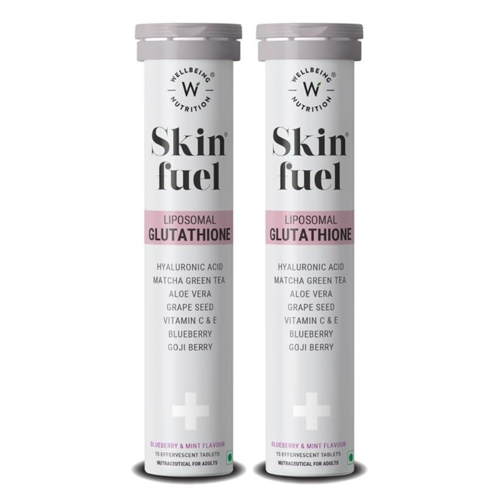 WELLBEING NUTRITION Skin Fuel Effervescent Tablets with Marine Collagen, Glutathione, Hyaluronic Acid, Blueberry Mint Flavor 
