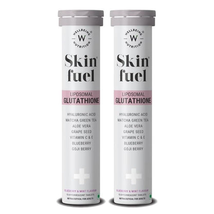 WELLBEING NUTRITION Skin Fuel Effervescent Tablets with Marine Collagen, Glutathione, Hyaluronic Acid, Blueberry Mint Flavor 