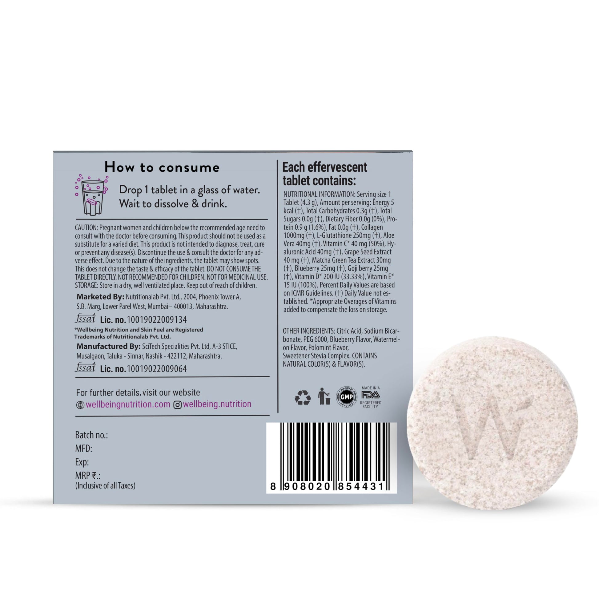 WELLBEING NUTRITION Skin Fuel Effervescent Tablets with Marine Collagen, Glutathione, Hyaluronic Acid, Blueberry Mint Flavor 