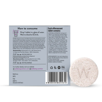 WELLBEING NUTRITION Skin Fuel Effervescent Tablets with Marine Collagen, Glutathione, Hyaluronic Acid, Blueberry Mint Flavor 
