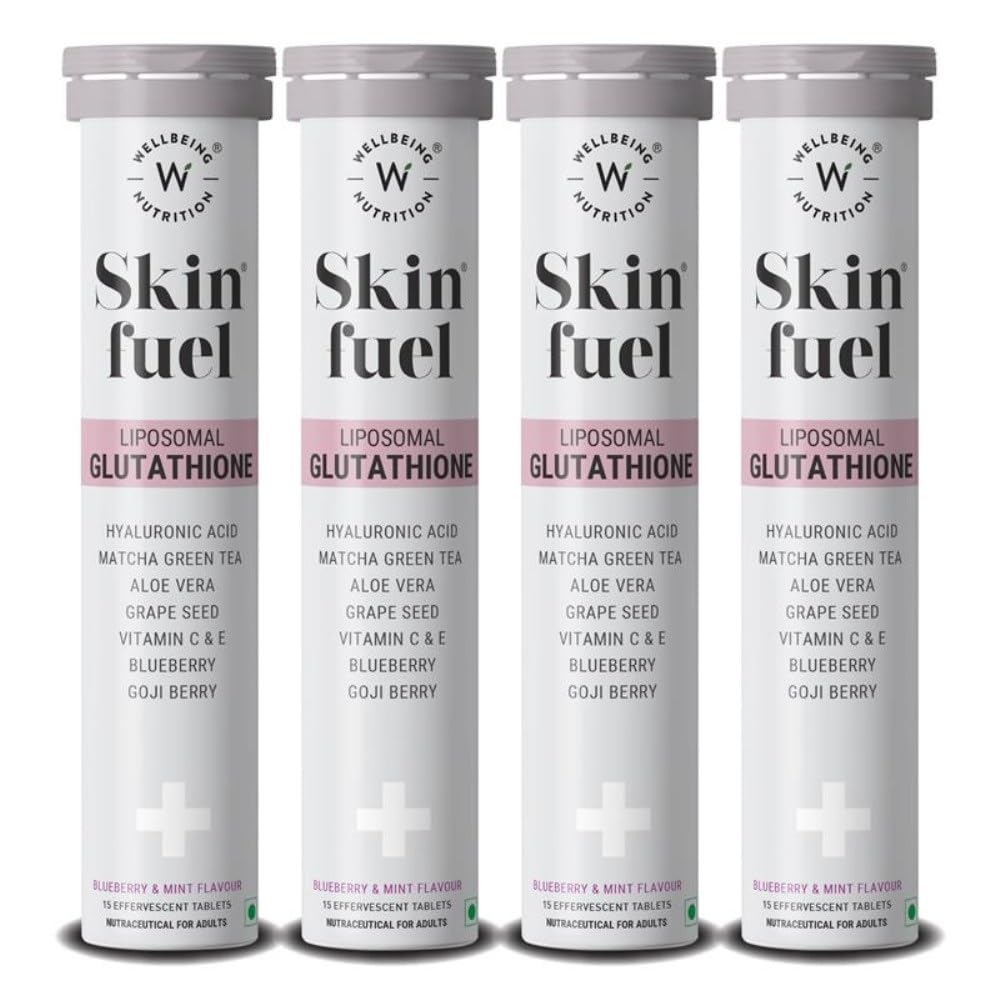 WELLBEING NUTRITION Skin Fuel Effervescent Tablets with Marine Collagen, Glutathione, Hyaluronic Acid, Blueberry Mint Flavor 