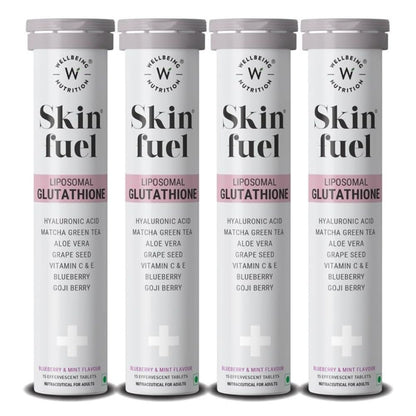 WELLBEING NUTRITION Skin Fuel Effervescent Tablets with Marine Collagen, Glutathione, Hyaluronic Acid, Blueberry Mint Flavor 
