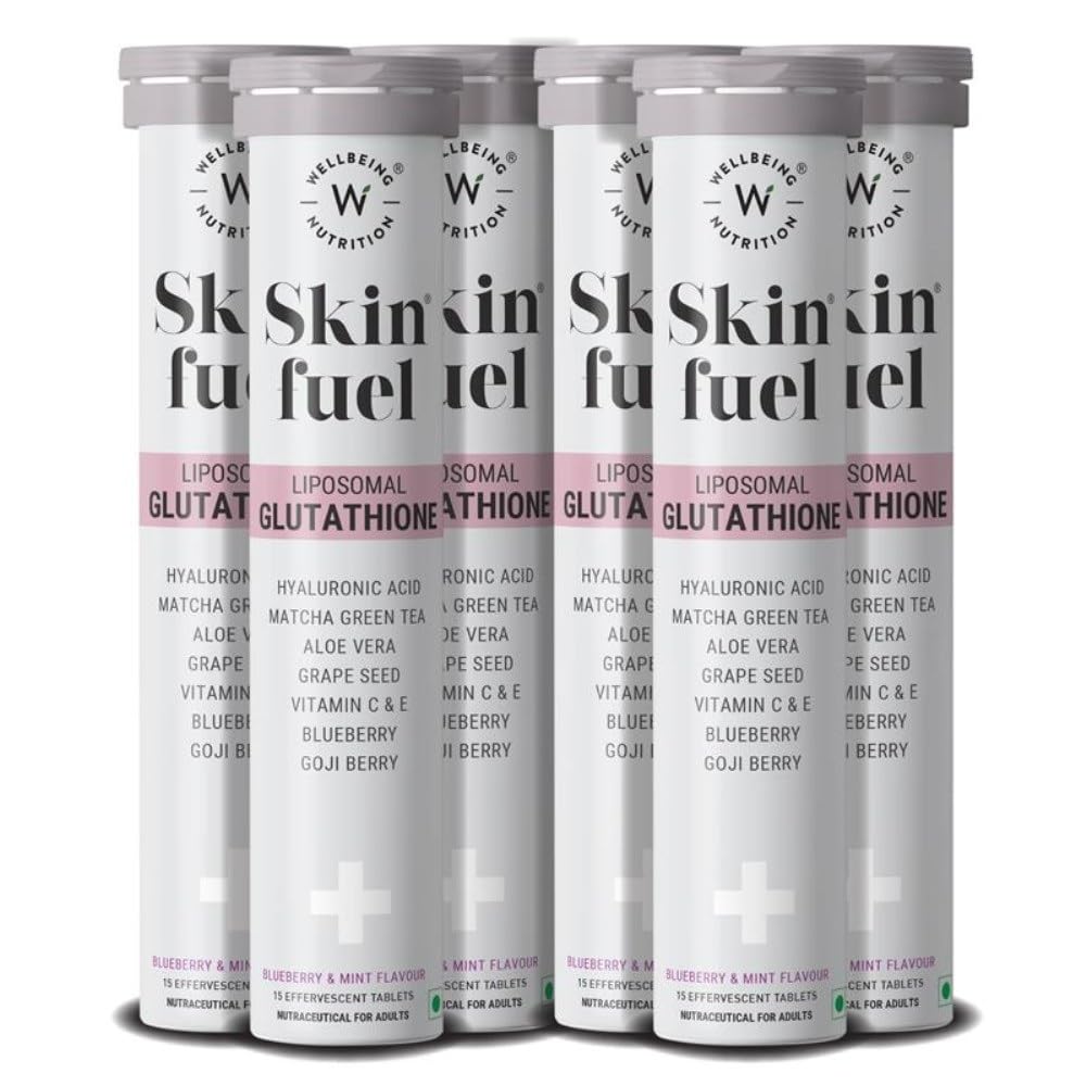 WELLBEING NUTRITION Skin Fuel Effervescent Tablets with Marine Collagen, Glutathione, Hyaluronic Acid, Blueberry Mint Flavor 